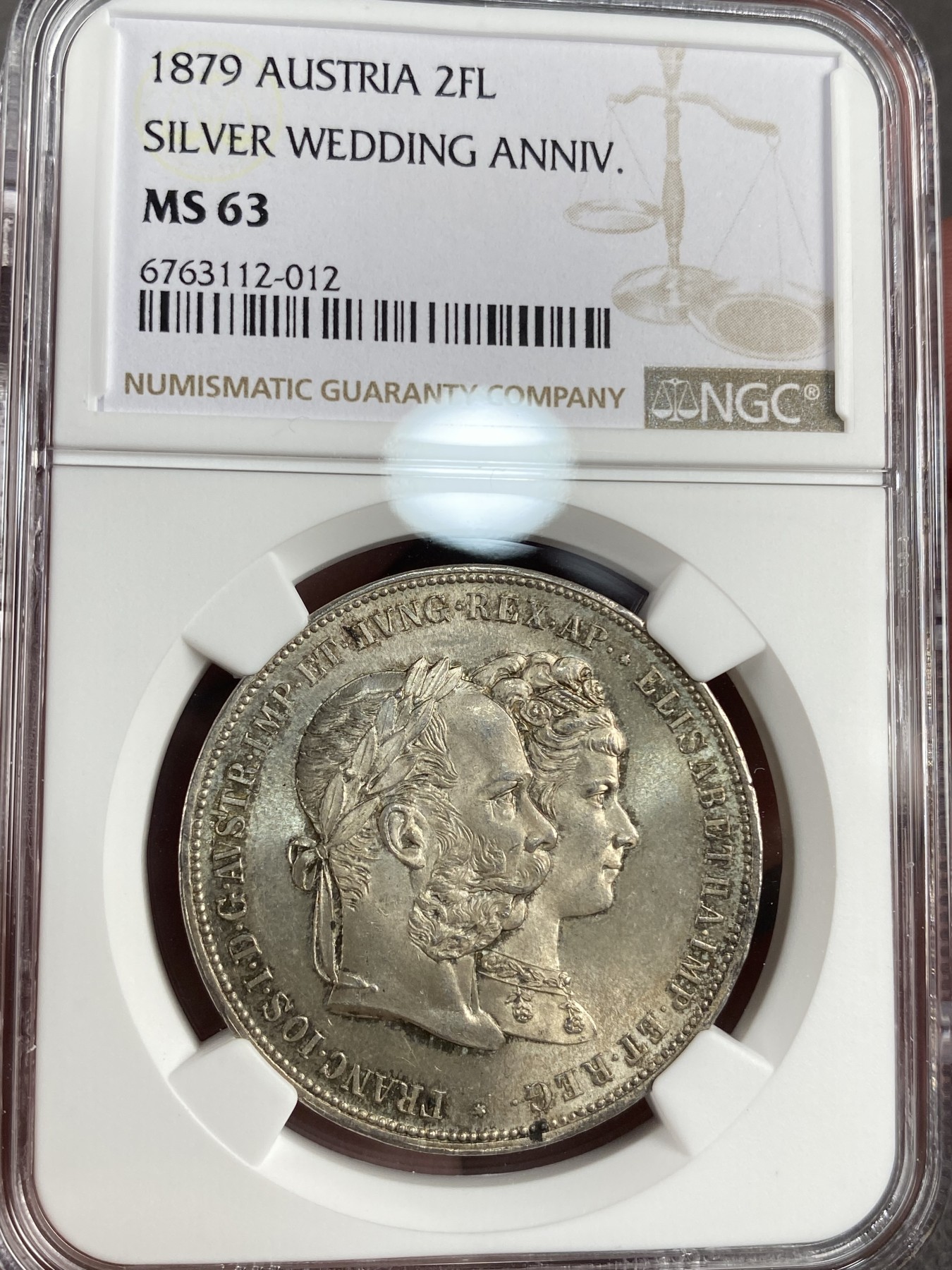 万国钱币拍卖第013期（视频直播专场） NGC MS63 1879年奥地利弗朗茨一世与茜茜公主银婚纪念2古尔登