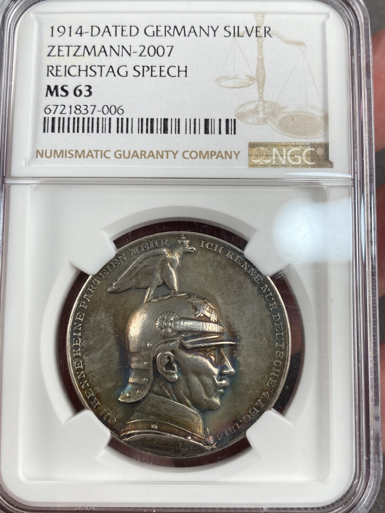 万国钱币拍卖第013期（视频直播专场） NGC MS63 1914年德国威廉二世戎装配帝国大宝剑一战开战纪念银章 高浮雕环彩