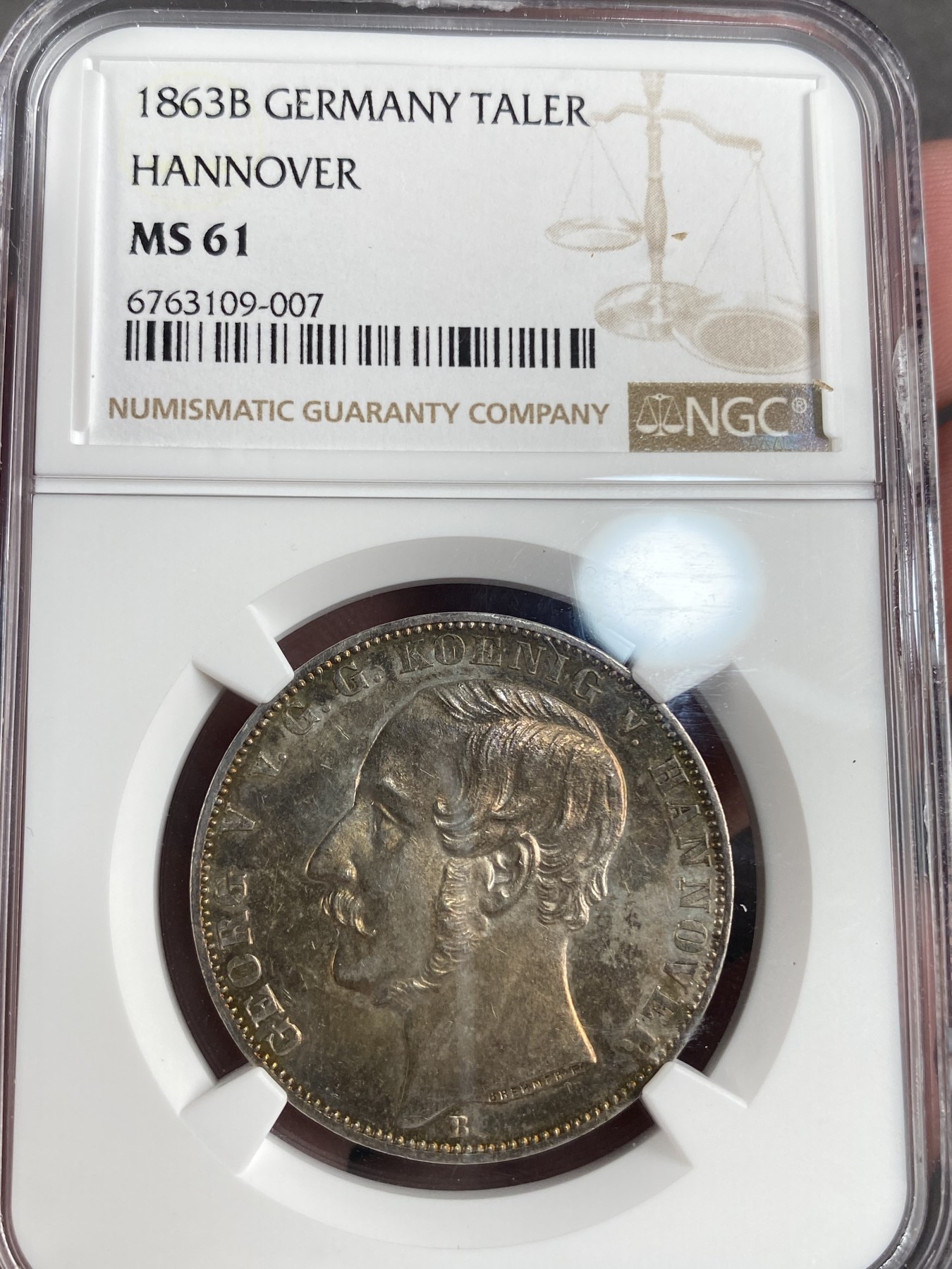 万国钱币拍卖第013期（视频直播专场） NGC MS61 1863年炫五彩德国汉诺威狮马1泰勒 少见年份