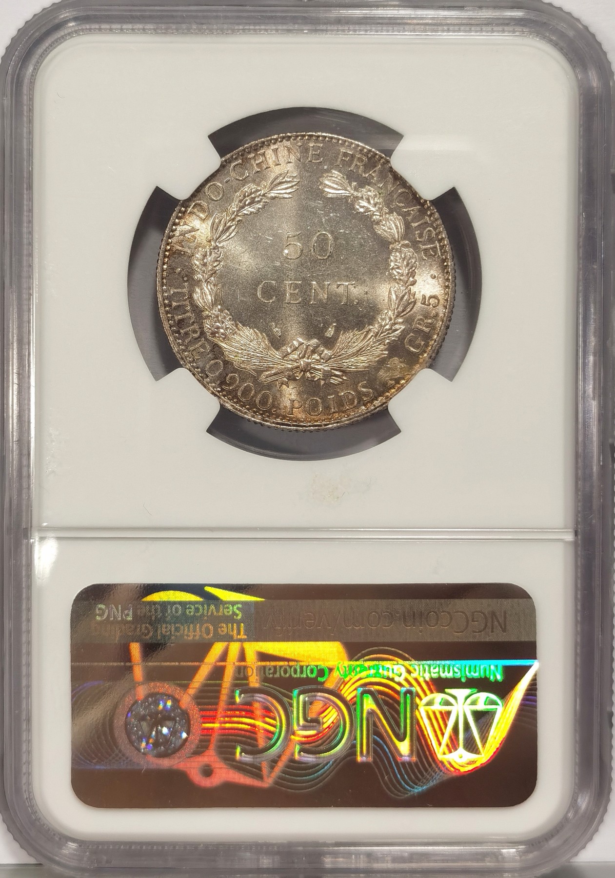 博洋堂世界钱币拍卖第036期（全场包邮） NGC MS64 法属印支1936年坐洋半圆50分银币，原光淡彩