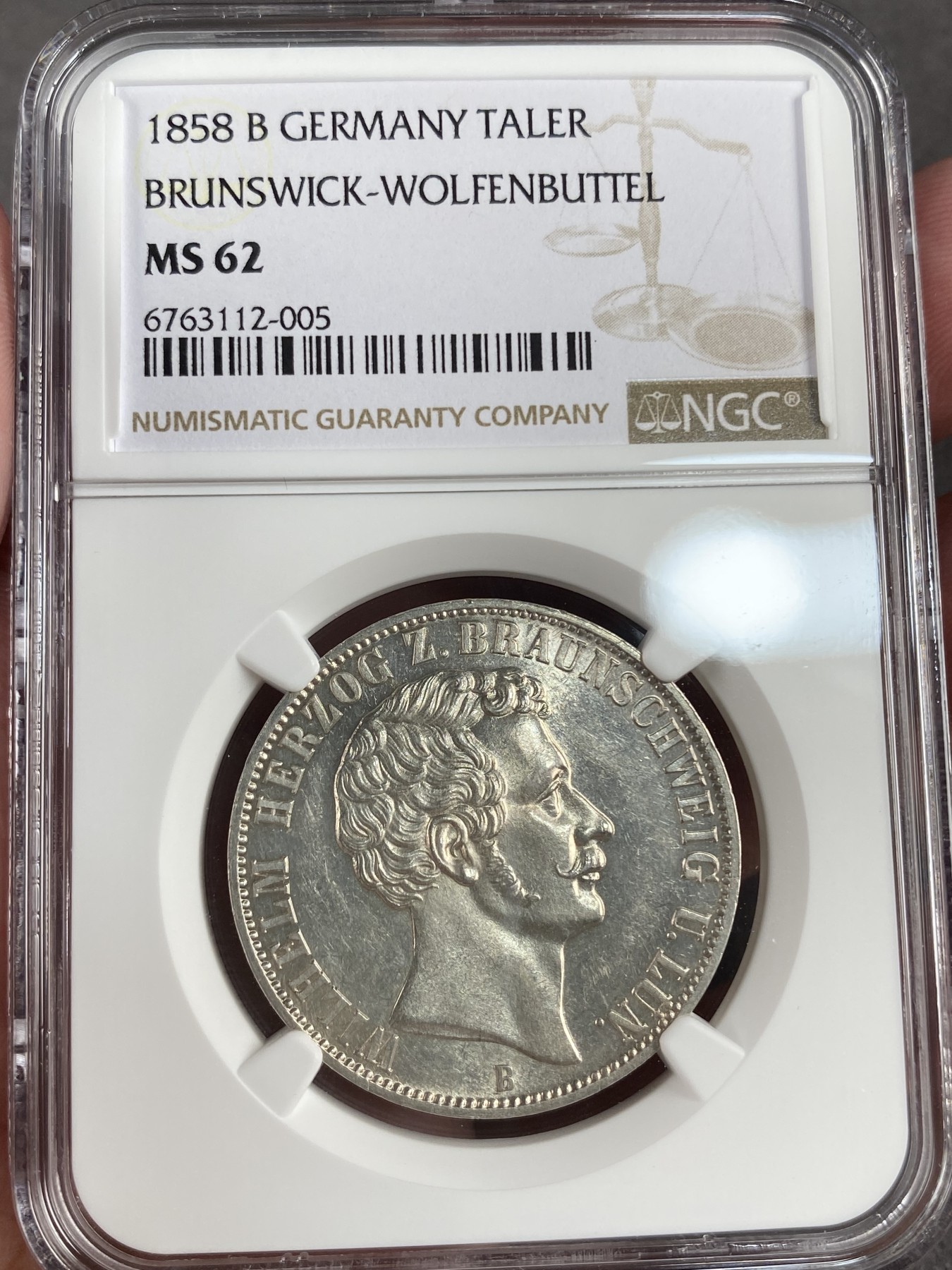 万国钱币拍卖第013期（视频直播专场） NGC MS62 1858年德国布伦瑞克狼堡1泰勒 转光状态高点非常好 亚军分数