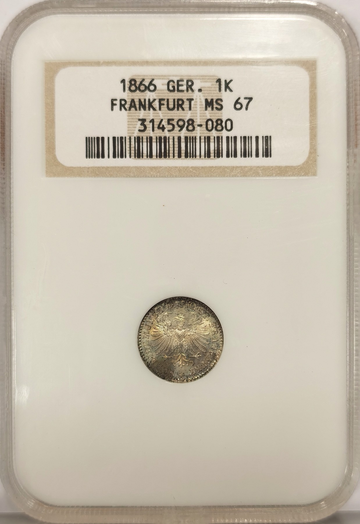博洋堂世界钱币拍卖第036期（全场包邮） NGC MS67 德国法兰克福1866年1克鲁泽银币，顶级高分小鹰，NGC古老小白盒