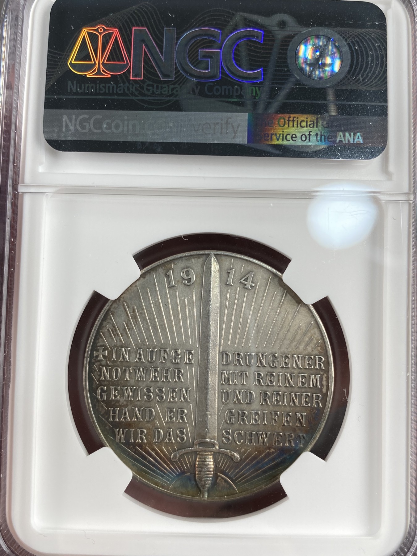 万国钱币拍卖第013期（视频直播专场） NGC MS63 1914年德国威廉二世戎装配帝国大宝剑一战开战纪念银章 高浮雕环彩