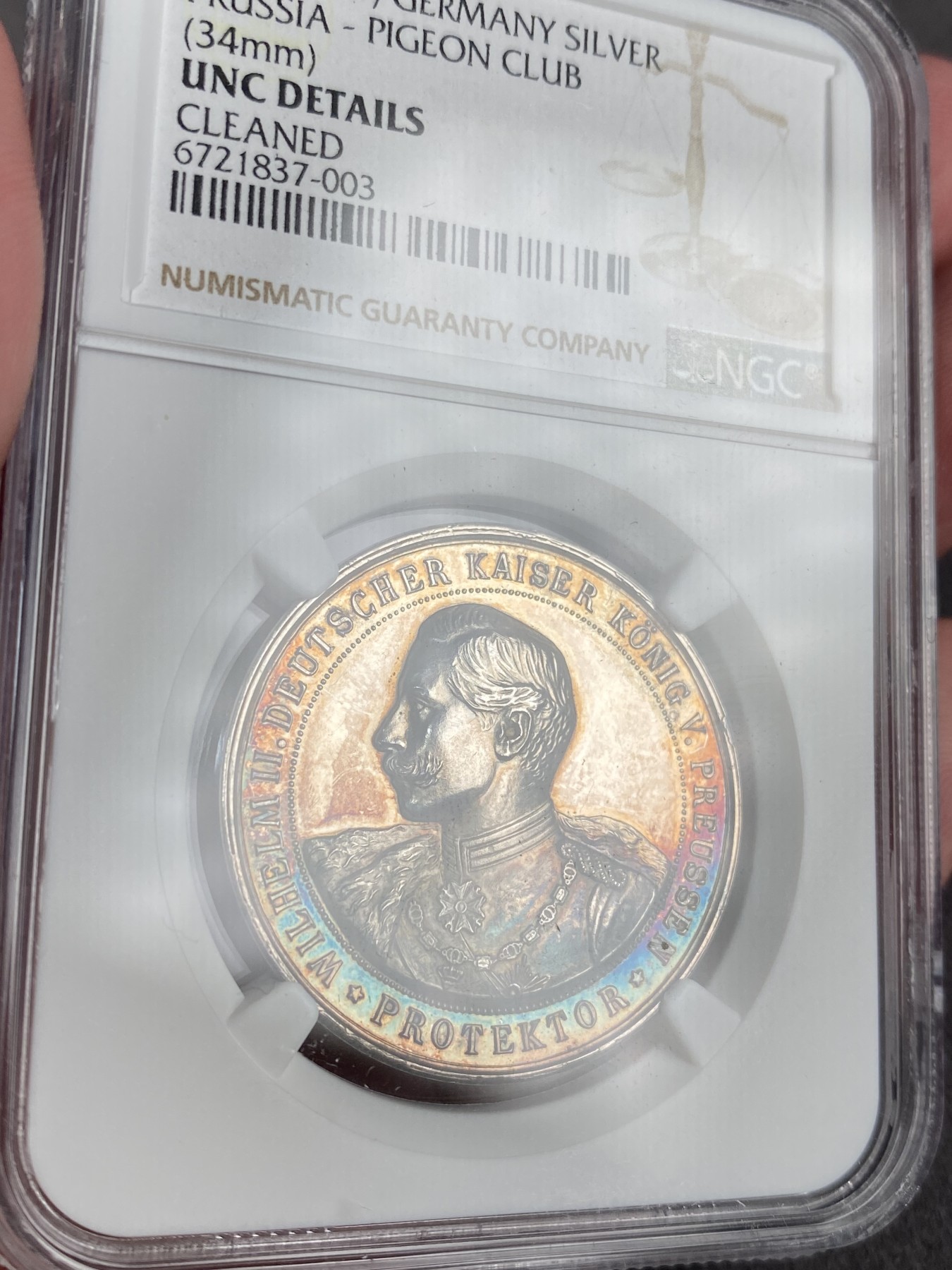 万国钱币拍卖第013期（视频直播专场） NGC UNCD 19世纪末德国威廉二世时期赛鸽纪念银章 早期少见版 高浮雕+城市景观+五彩非常值得玩味
