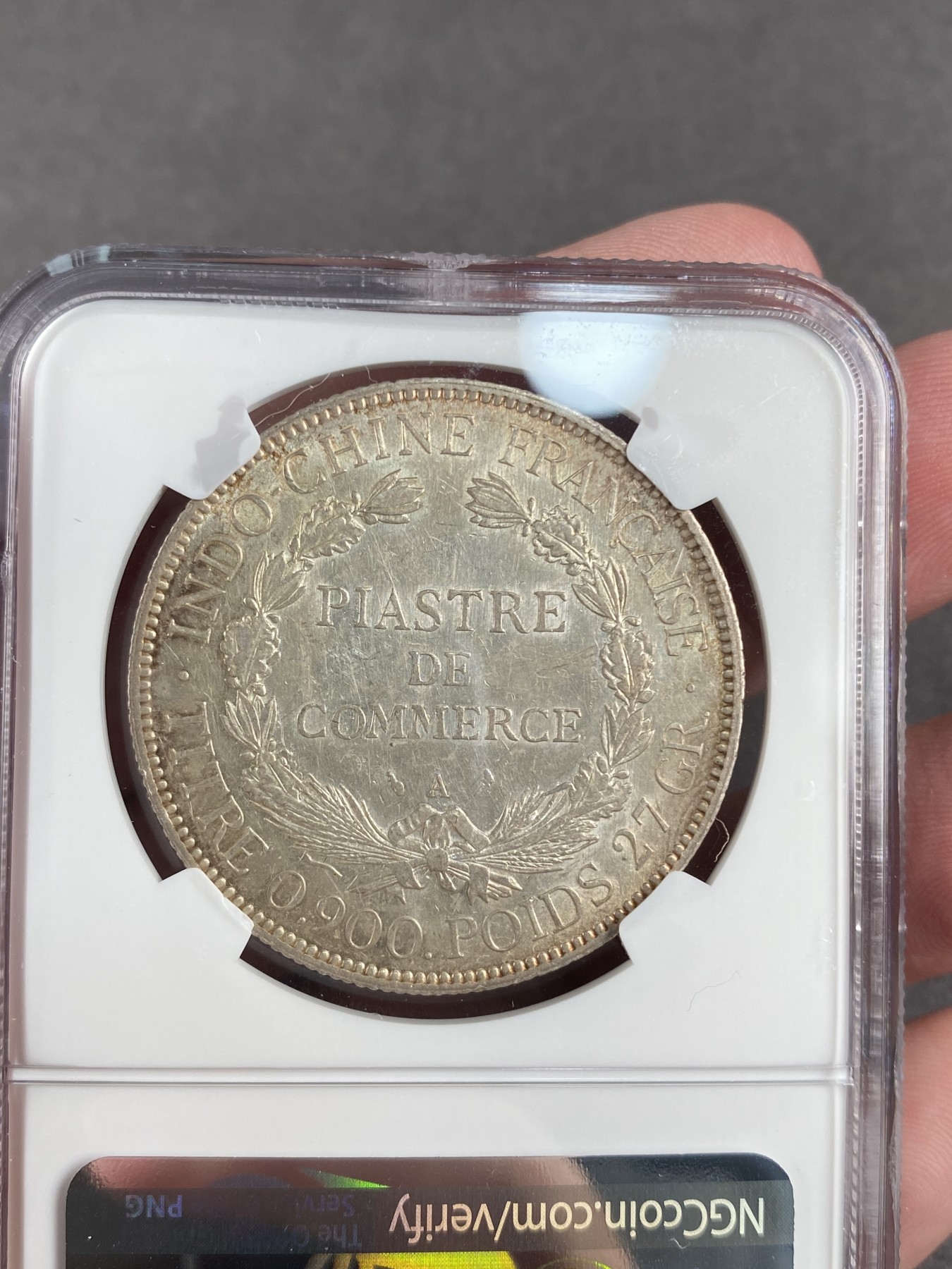 万国钱币拍卖第013期（视频直播专场） NGC AU55 1908年法属印支1皮阿斯特大银币 环金彩