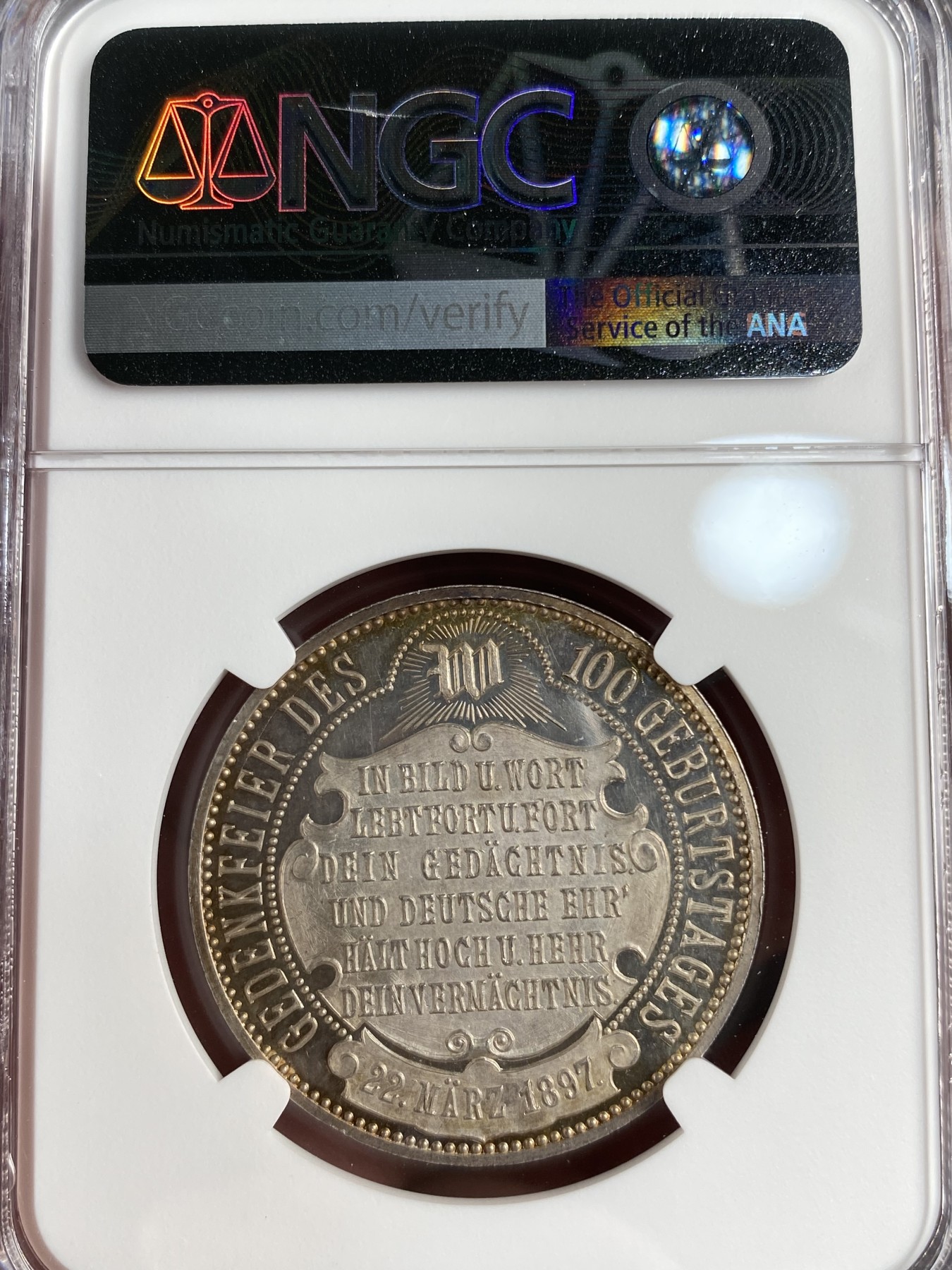 万国钱币拍卖第013期（视频直播专场） NGC MS62DPL 1897年德国威廉一世诞辰100周年纪念银章 通体金彩深度镜面