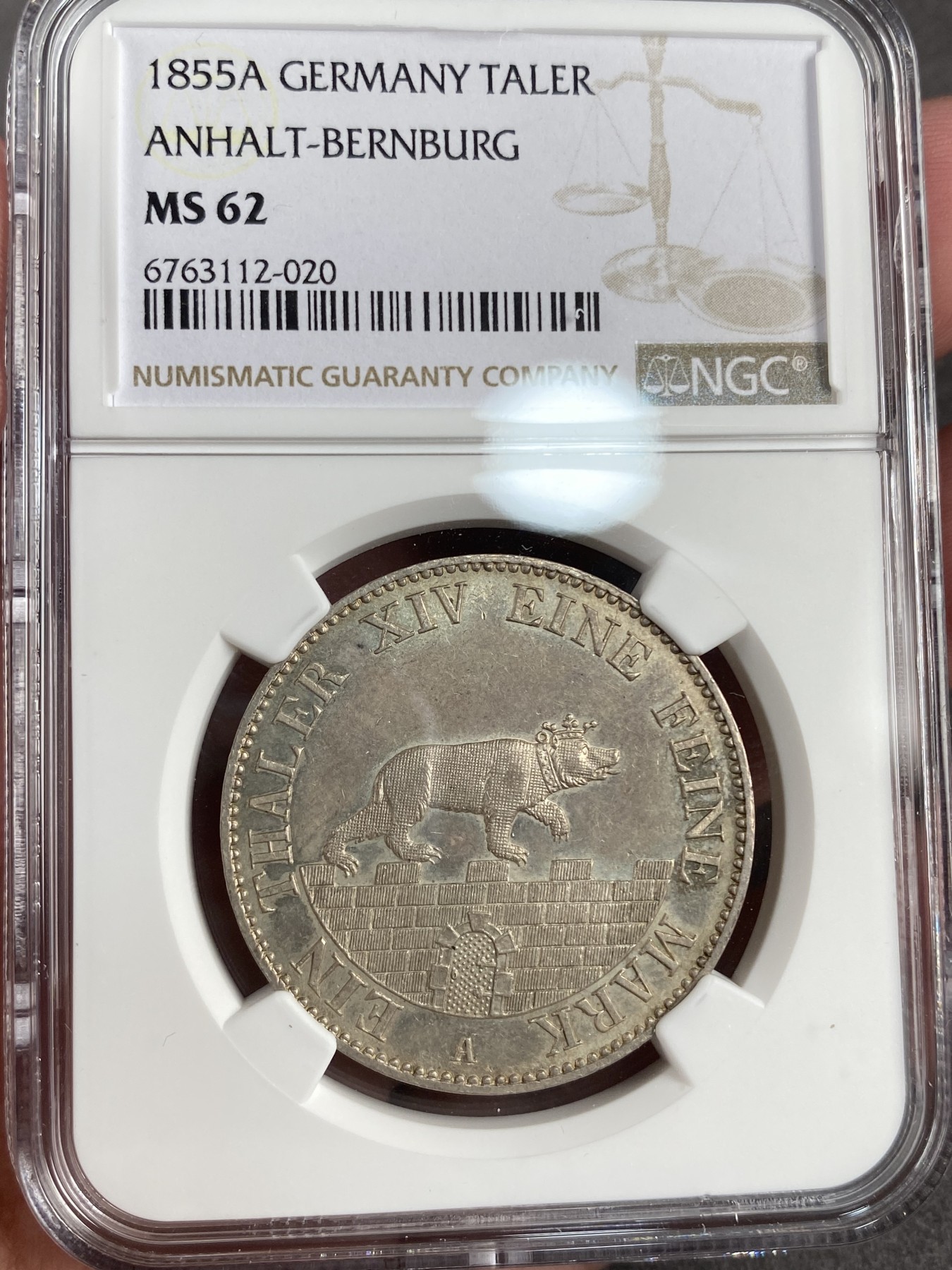 万国钱币拍卖第013期（视频直播专场） NGC MS62 1855年德国安哈尔特小熊协议1泰勒 大型版比1861大一圈 22.37克