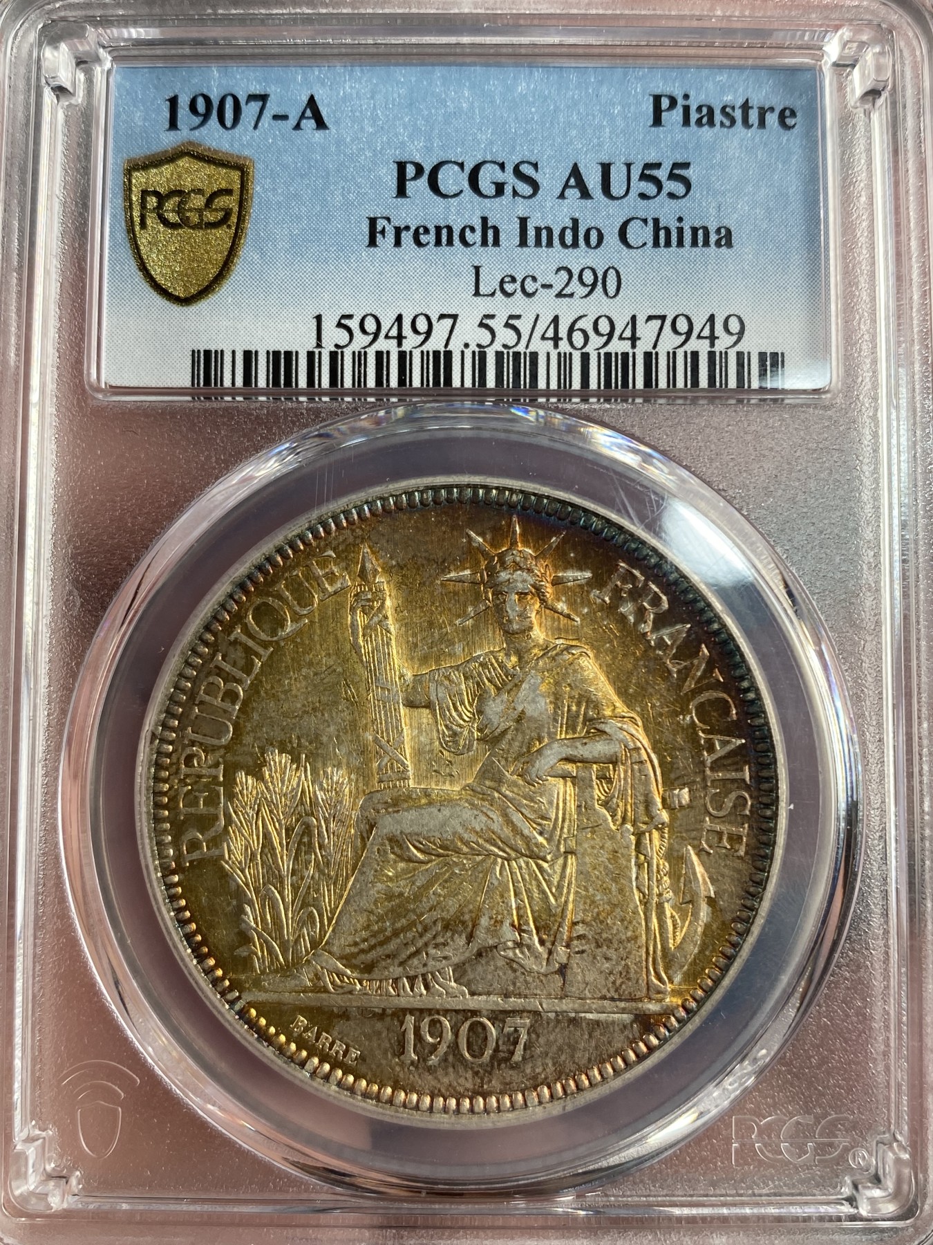 万国钱币拍卖第013期（视频直播专场） PCGS AU55 1907年全金彩法属印支1皮阿斯特大银币