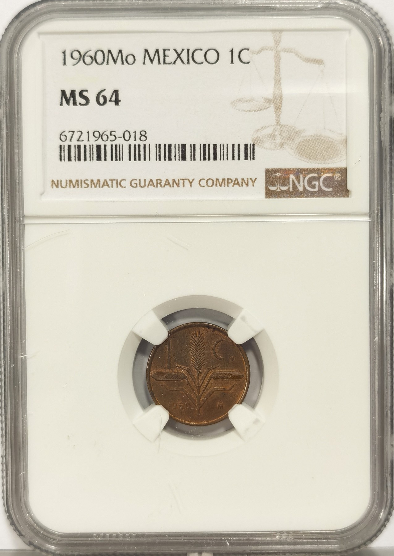 博洋堂世界钱币拍卖第036期（全场包邮） NGC MS64 墨西哥1960年小鹰洋1分铜币，最小的鹰洋，凑面值必备，铜光闪闪全深打，可爱好看