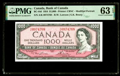 【Blue Auction】✨世界纸币精拍第350期——周日畅拍场【精】 -  【世界顶级藏家旧藏增值】加拿大 1954年1000元 最高值 女王早期纸币 背面加拿大中部唯美风光 PMG63EPQ 全新原票  仅正面居中稍差  原始裁切尺寸足性价比极高 值得收藏 