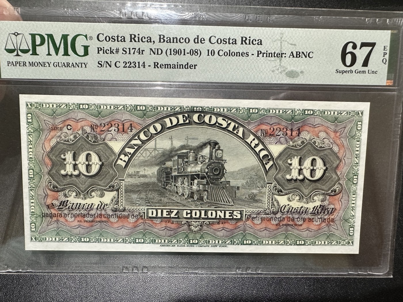 《外钞收藏家》第二百八十八期（连拍第一场） 1901-08年哥斯达黎加10 PMG67 冠军分