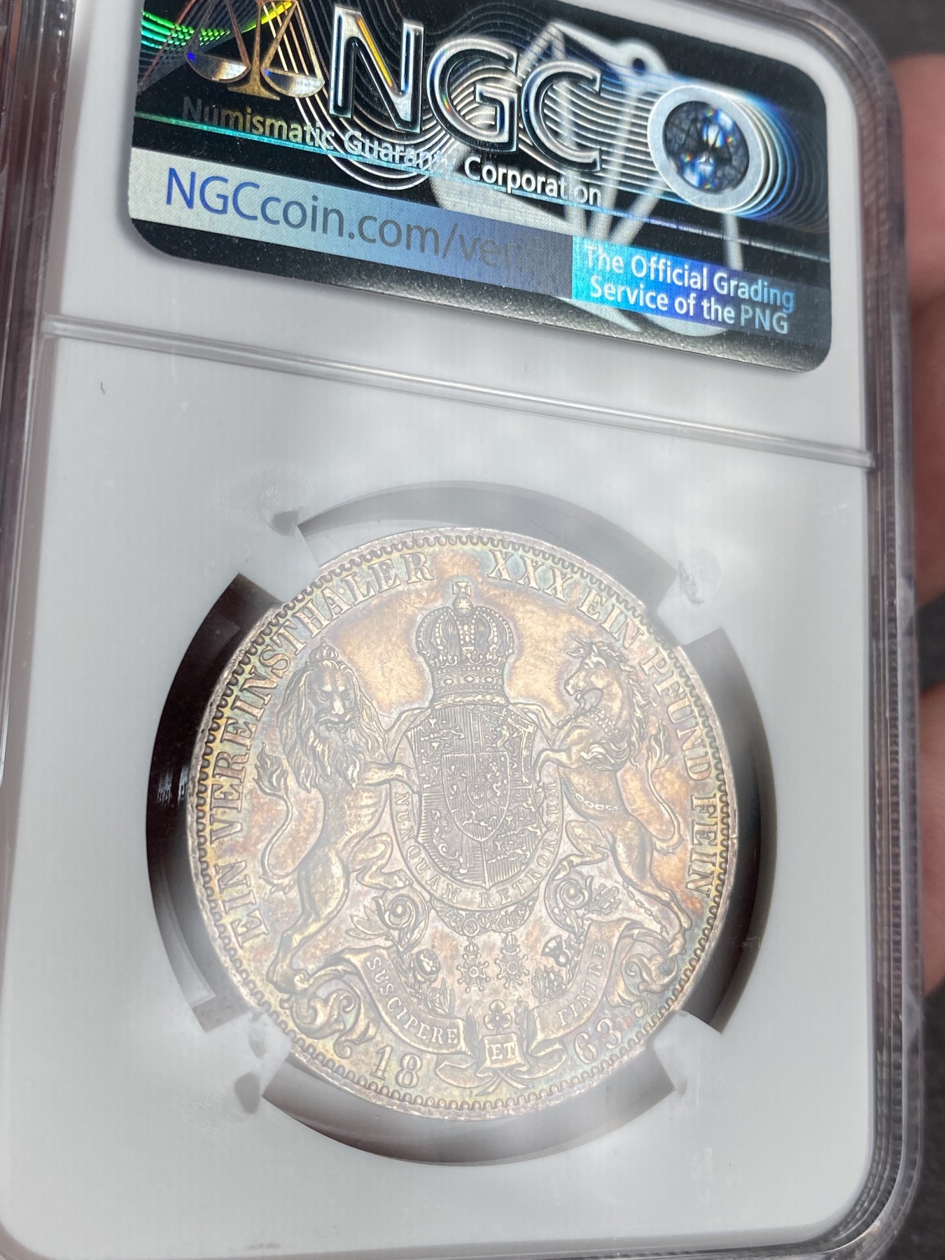 万国钱币拍卖第013期（视频直播专场） NGC MS61 1863年炫五彩德国汉诺威狮马1泰勒 少见年份