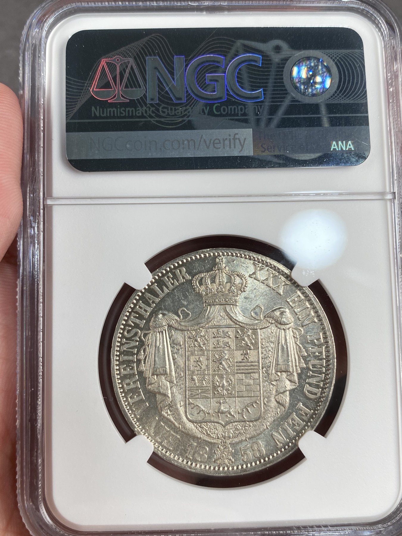 万国钱币拍卖第013期（视频直播专场） NGC MS62 1858年德国布伦瑞克狼堡1泰勒 转光状态高点非常好 亚军分数