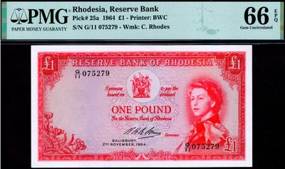 【Blue Auction】✨世界纸币精拍第350期——周日畅拍场【精】 -  【热门升值品种 高分少见 亚军分 凑套常缺此张】罗德西亚 1964年1镑 BWC出品 戎装女王 非洲最大瀑布——维多利亚瀑布 PMG66EPQ 精美