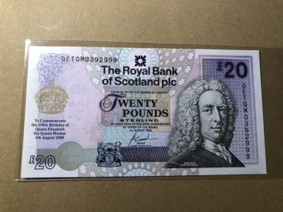 🌼甜小邱世界纸币收藏💐第76期🐇🌼 - 全新UNC 苏格兰皇家银行20镑 王太后纪念钞 全程无47豹子号999