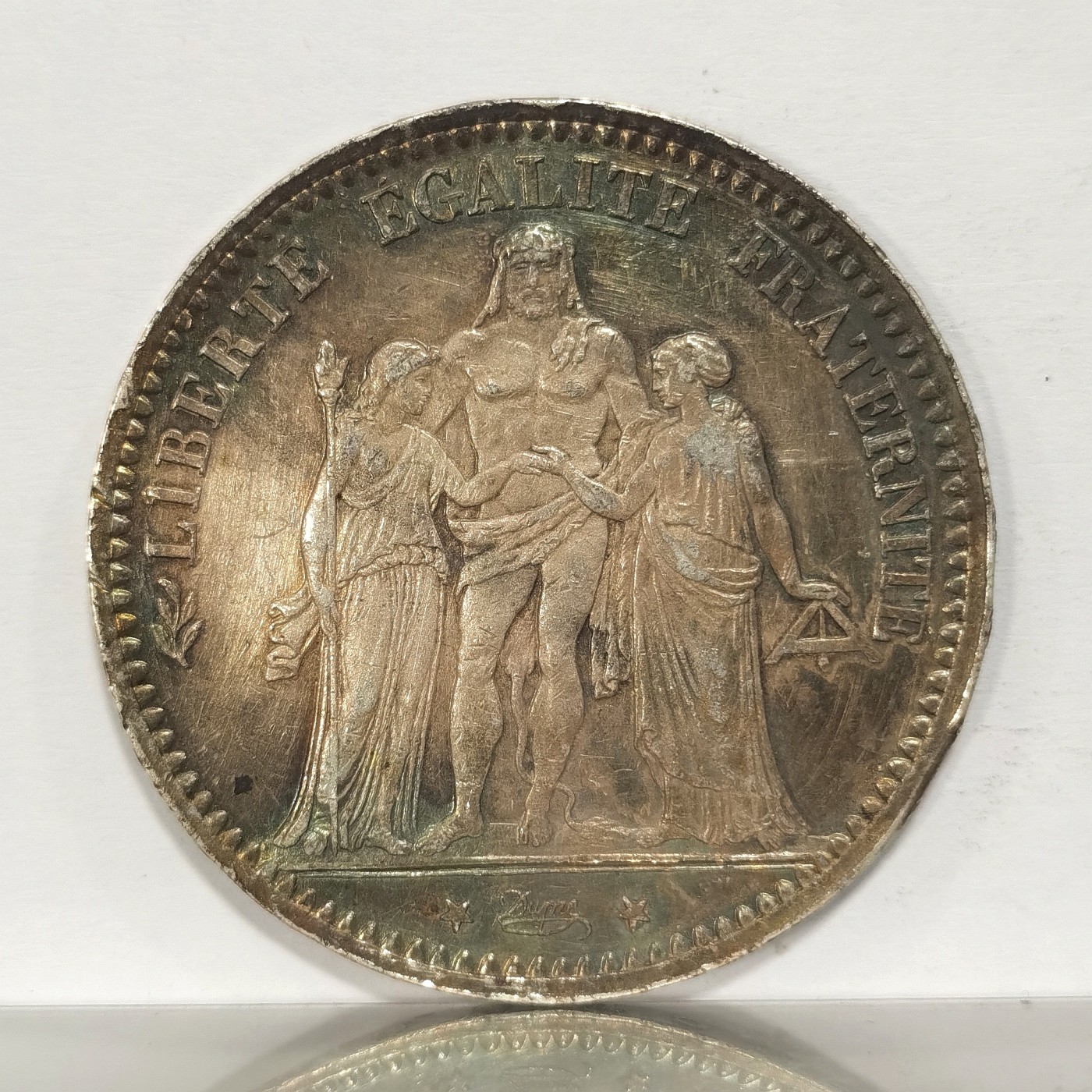 博洋堂世界钱币拍卖第036期（全场包邮） 法国1874年大力神5法郎，UNC极美五彩包浆，中心橙红暖色调+边缘蓝青色环彩，自藏裸币一步到位