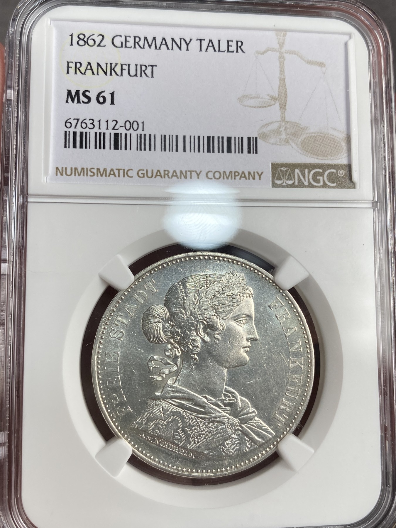万国钱币拍卖第013期（视频直播专场） NGC MS61 1862年德国法兰克福流通少女1泰勒 转光