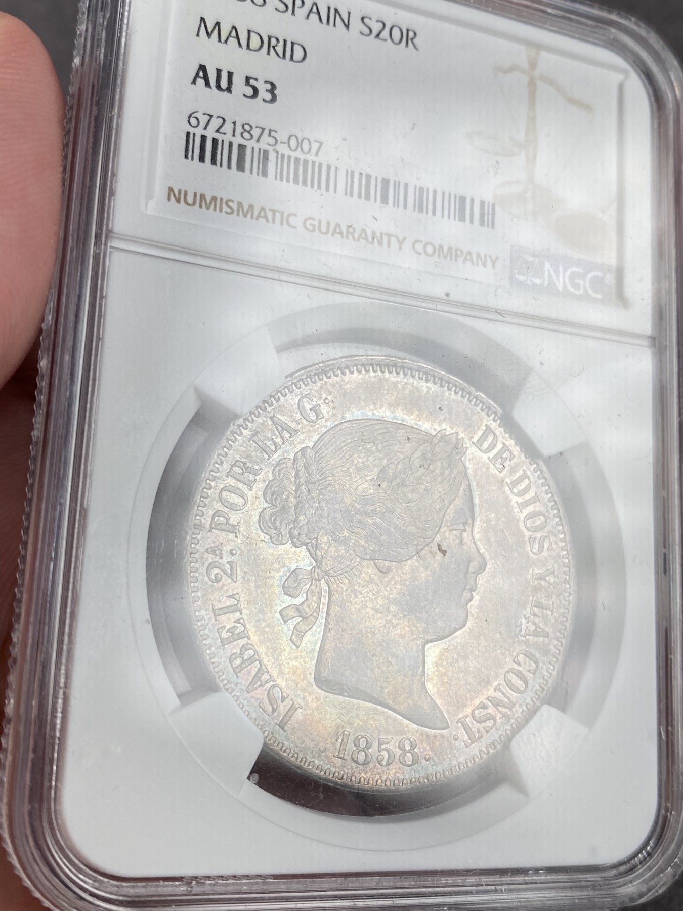 万国钱币拍卖第013期（视频直播专场） NGC AU53 1858年西班牙伊莎贝拉20里拉双柱银币，原味五彩。