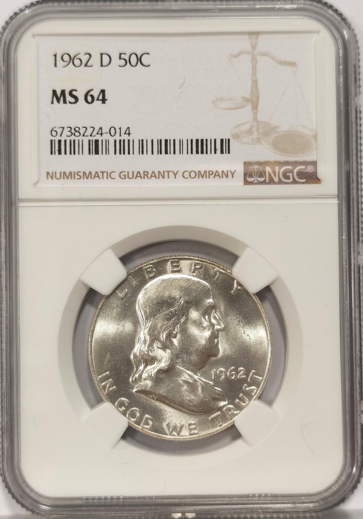 博洋堂世界钱币拍卖第036期（全场包邮） NGC MS64 美国富兰克林1962年D版 半美元50美分银币 满银光好品