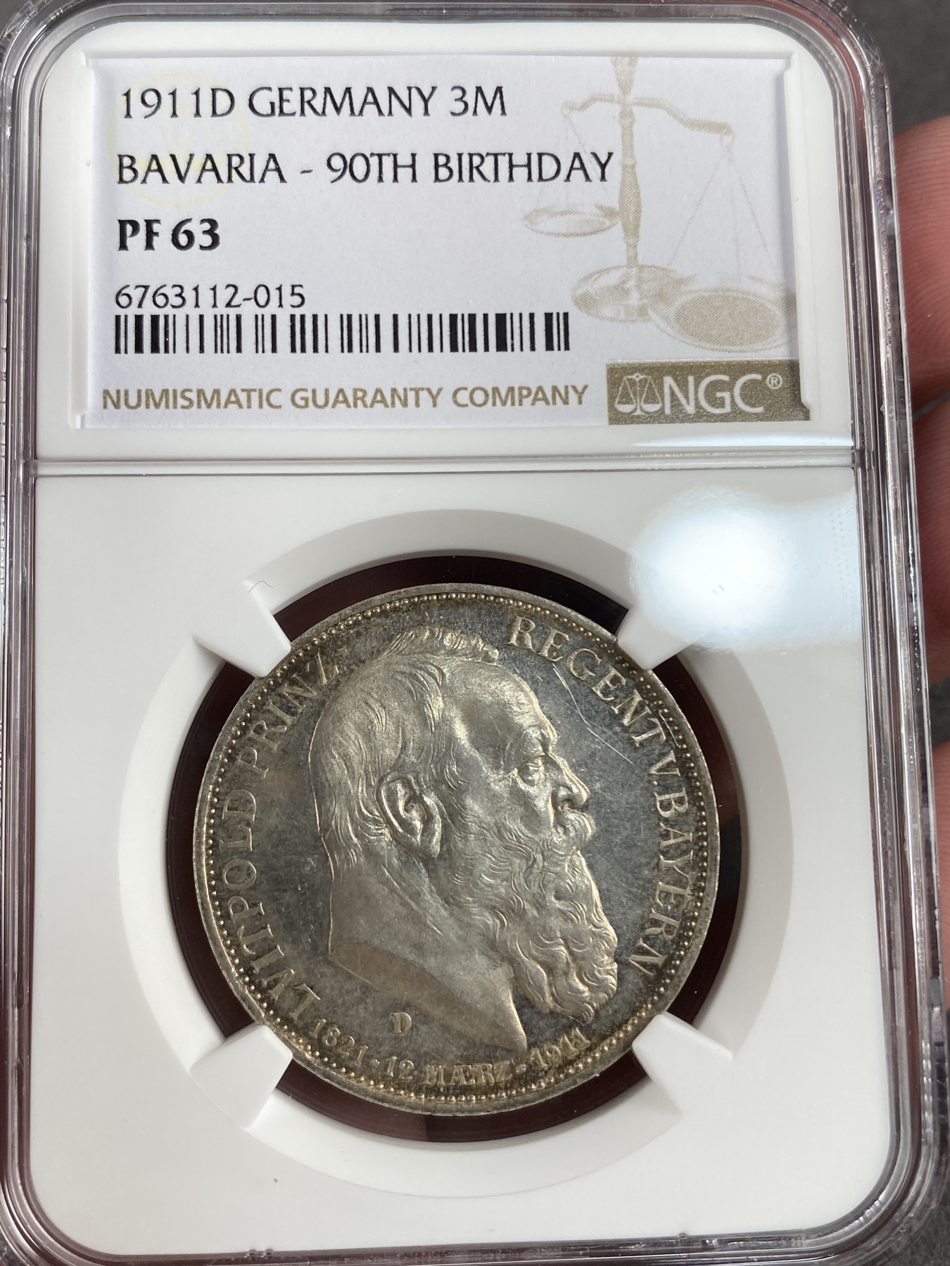 万国钱币拍卖第013期（视频直播专场） NGC PF63 1911年德国巴伐利亚摄政王利奥波德90大寿纪念3马克 精致镜面欧洲金彩