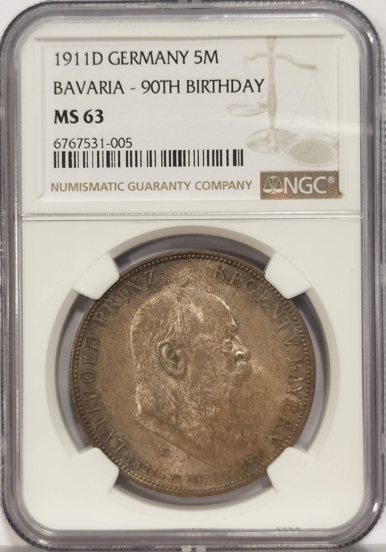 博洋堂世界钱币拍卖第036期（全场包邮） NGC MS63 德国1911年巴伐利亚大公90大寿5马克银币，光度强烈打制深峻，欧陆经典灰彩，马克大银经典品种
