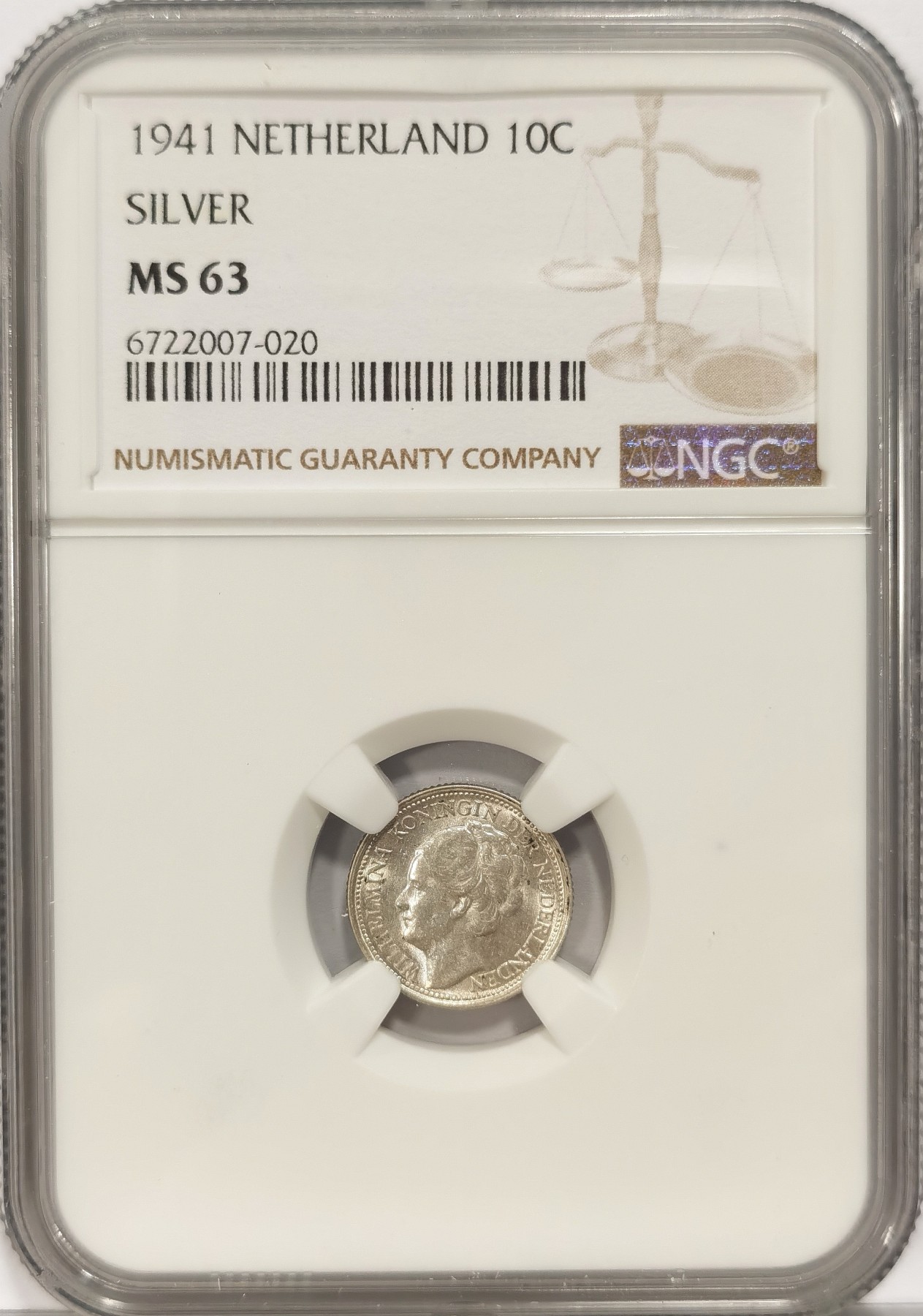 博洋堂世界钱币拍卖第036期（全场包邮） NGC MS63 荷兰1941年威廉明娜十分银币，转光强烈，打制深峻，可爱小银自藏送友两相宜