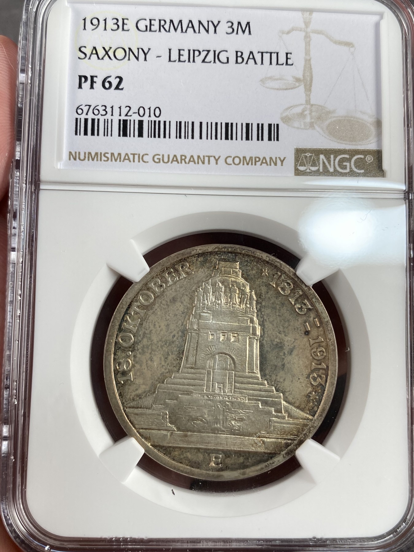 万国钱币拍卖第013期（视频直播专场） NGC PF62 1913年德国莱比锡战胜拿破仑100周年纪念3马克 精致欧洲金彩