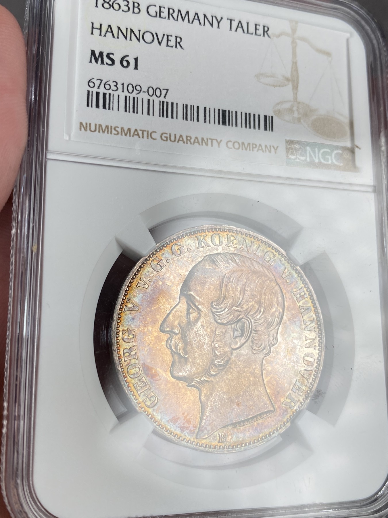 万国钱币拍卖第013期（视频直播专场） NGC MS61 1863年炫五彩德国汉诺威狮马1泰勒 少见年份