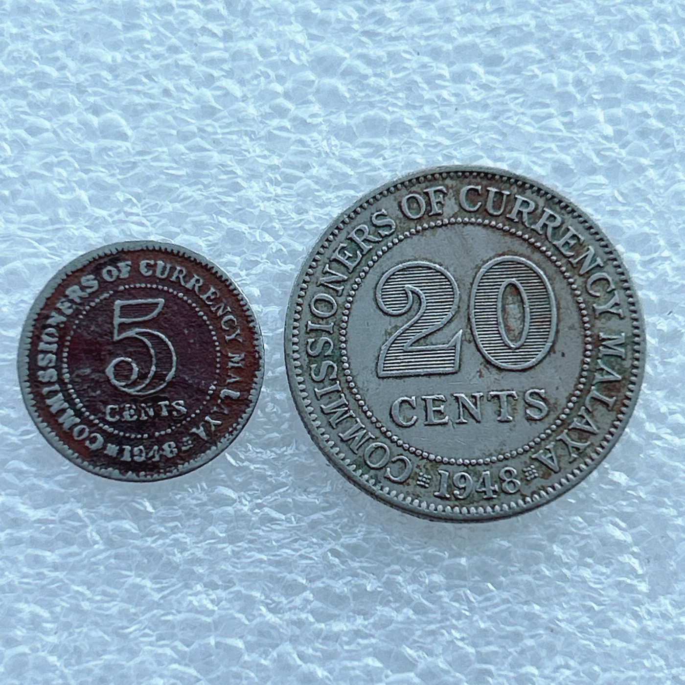 全场一元起拍 世界钱币散币场 第11期 英属马来亚1948年 乔治六世 5分20分镍币2枚套币