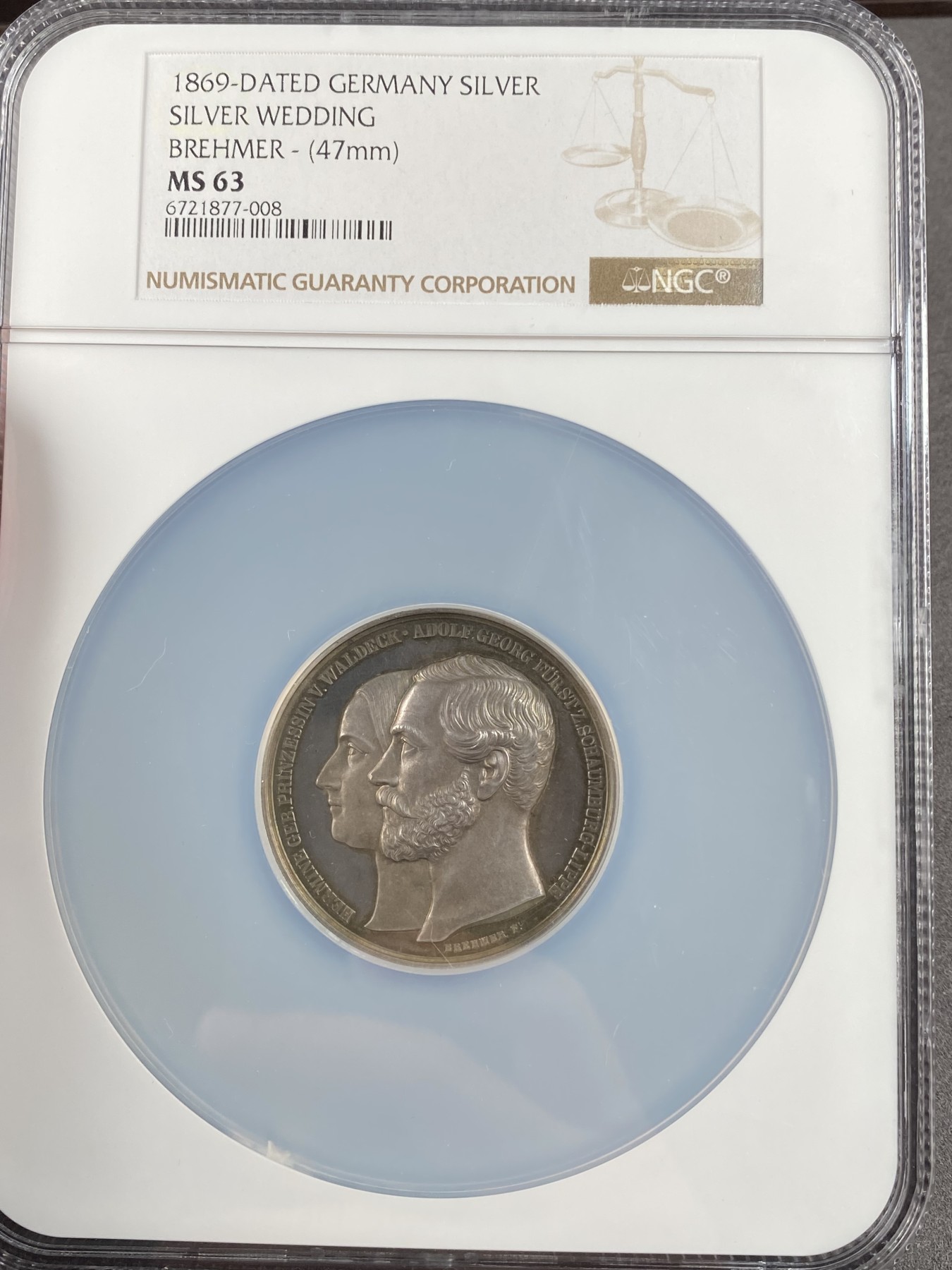 万国钱币拍卖第013期（视频直播专场） NGC MS63 1869年德国绍姆堡-利普亲王国阿道夫·乔治与赫敏·冯·沃德克银婚纪念大银章 小邦银章都非常难得 46MM 60G