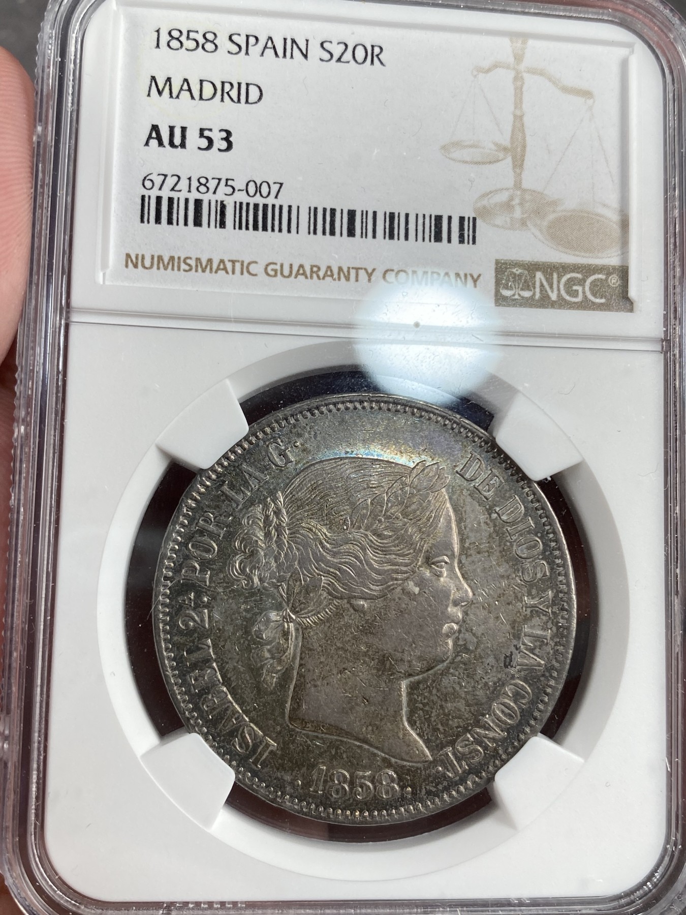 万国钱币拍卖第013期（视频直播专场） NGC AU53 1858年西班牙伊莎贝拉20里拉双柱银币，原味五彩。