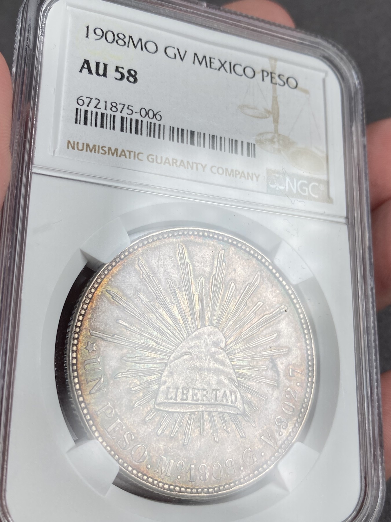 万国钱币拍卖第013期（视频直播专场） NGC AU58 1908年MO厂墨西哥8瑞尔直边鹰洋大银币