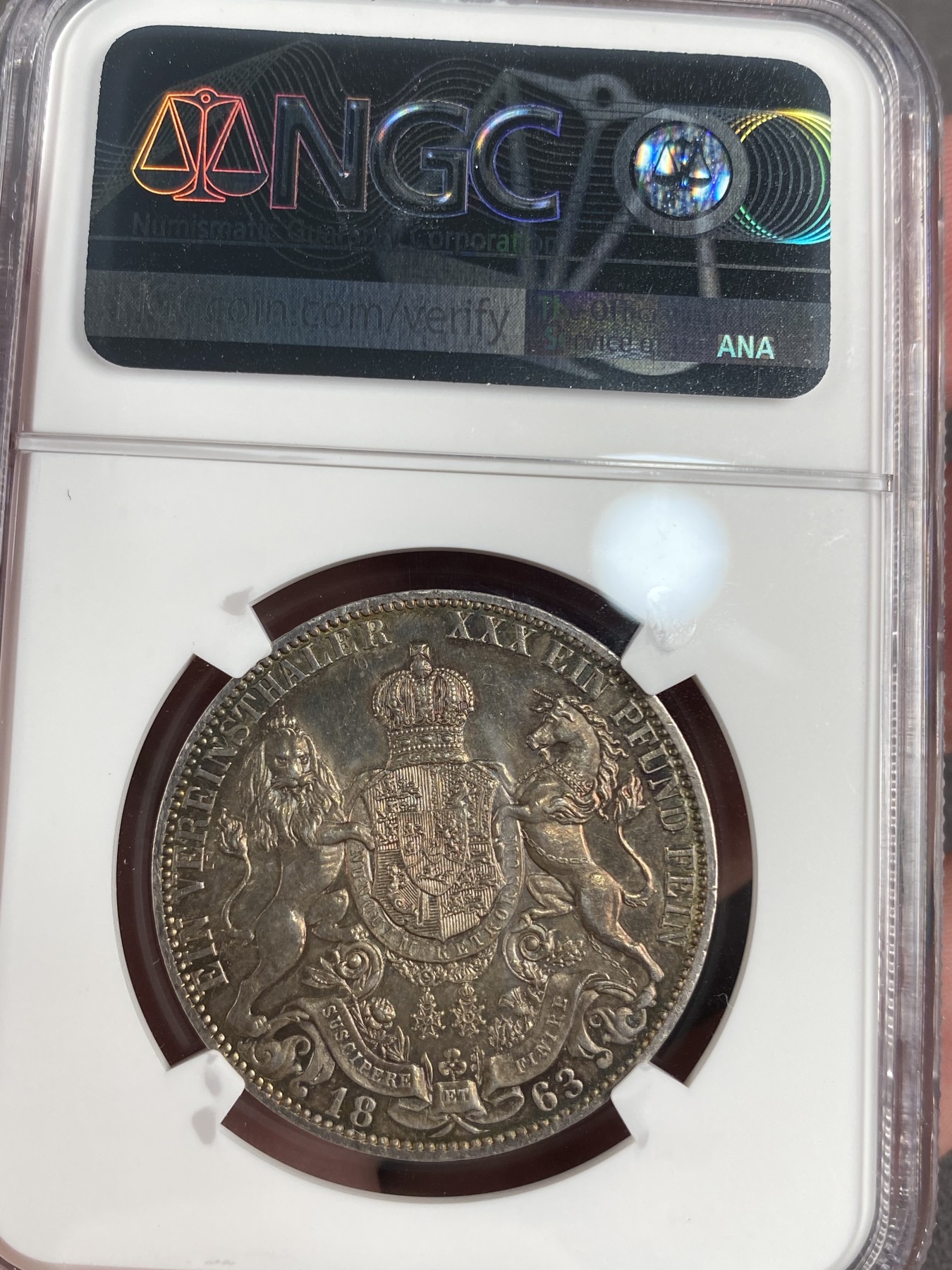 万国钱币拍卖第013期（视频直播专场） NGC MS61 1863年炫五彩德国汉诺威狮马1泰勒 少见年份