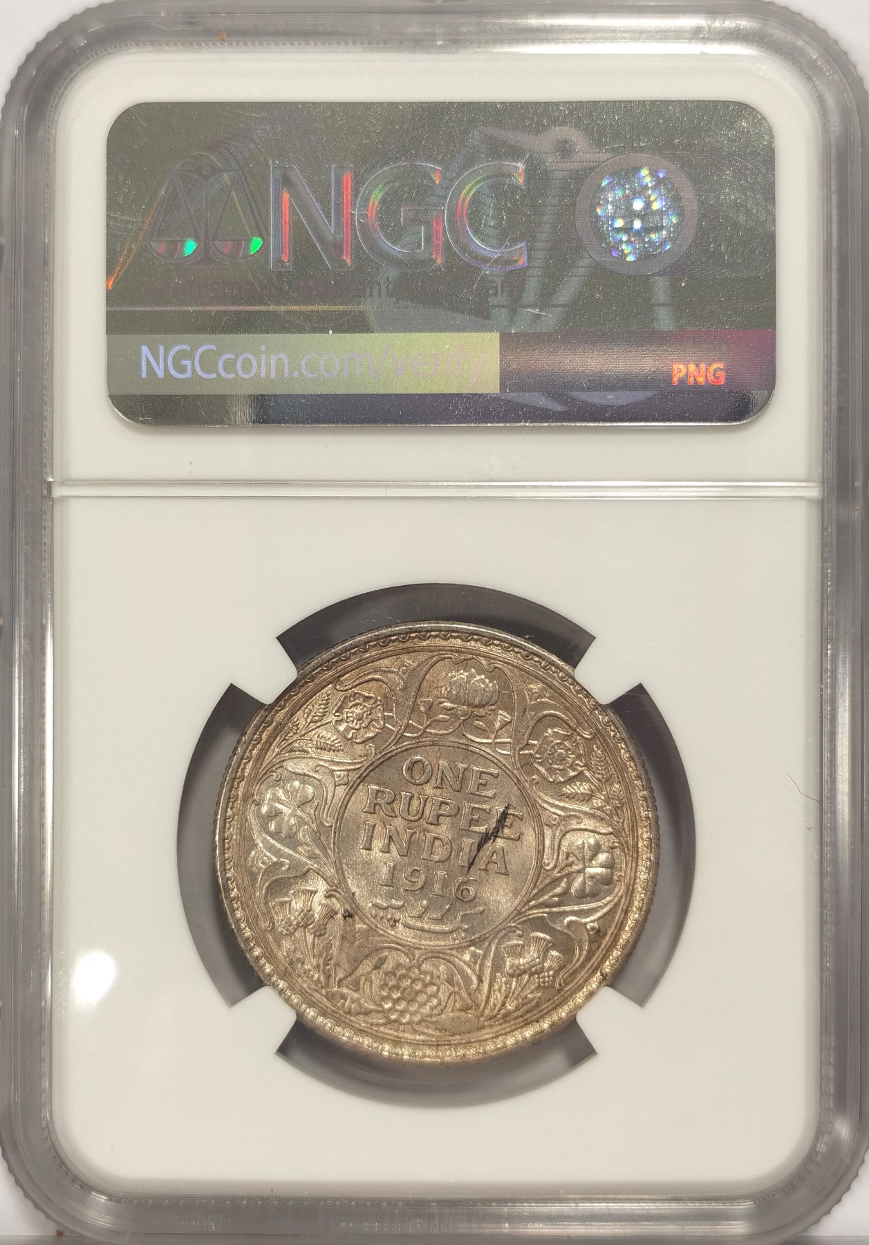 博洋堂世界钱币拍卖第036期（全场包邮） NGC MS63 英属印度1916年B版乔治五世1卢比银币 黄油彩美品