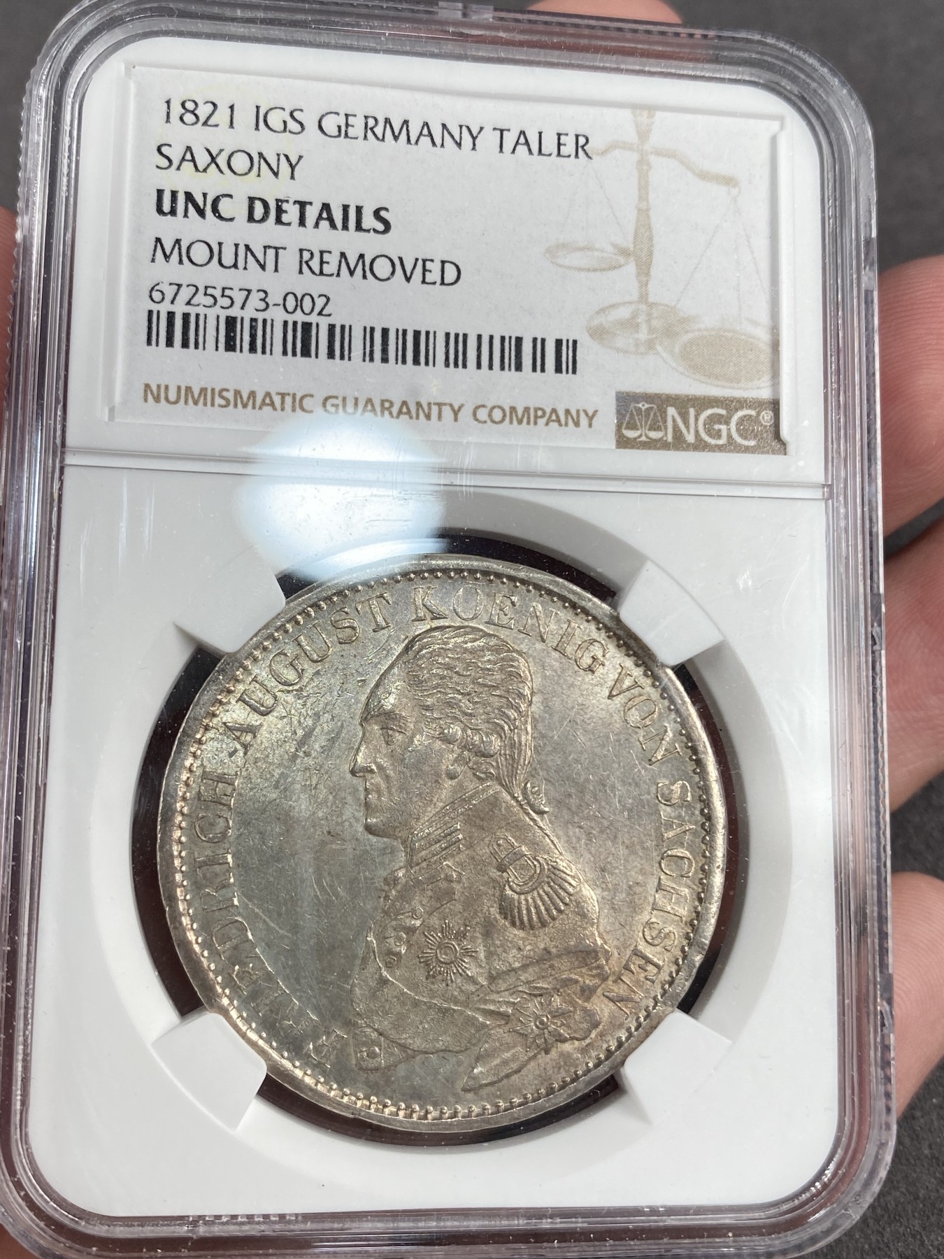 万国钱币拍卖第013期（视频直播专场） NGC UNCD 1821年德国萨克森IGS 1皇冠大泰勒 顶部有取环痕迹，不是很明显，转光状态