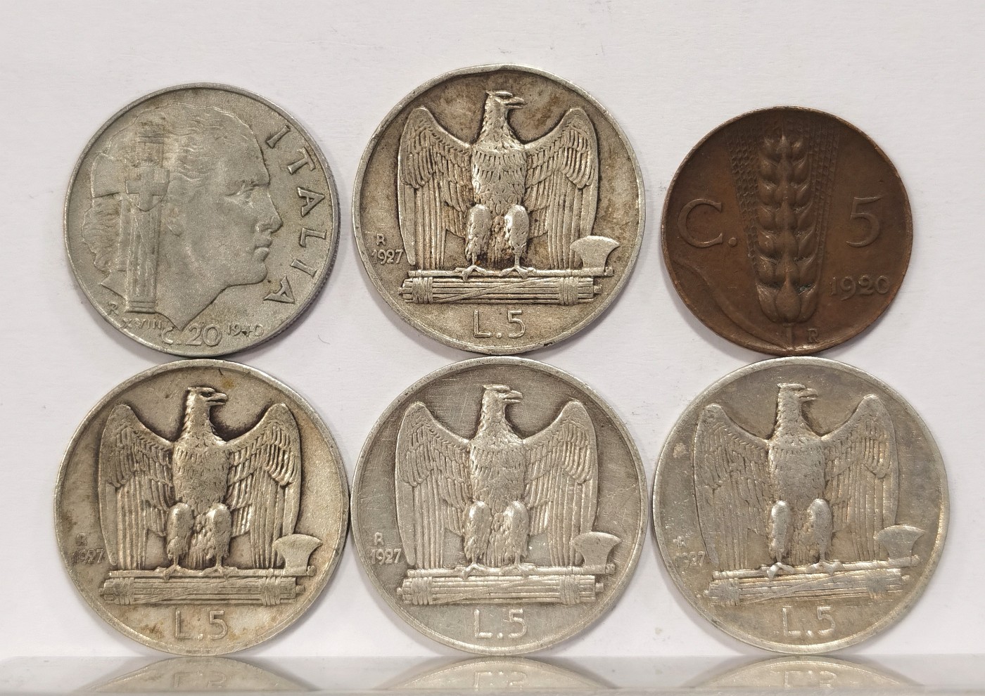 博洋堂世界钱币拍卖第036期（全场包邮） 意大利，1927年5里拉银币+1940年20分镍币有磁性版+1920年5分，三世经典设计，