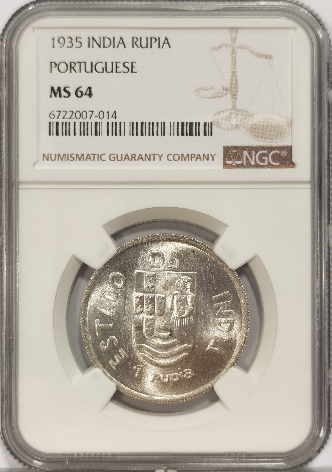 博洋堂世界钱币拍卖第036期（全场包邮） NGC MS64 葡属印度1935年卢比银币，少见品种，底板镜面感强，霜光强烈，值得自藏的品相
