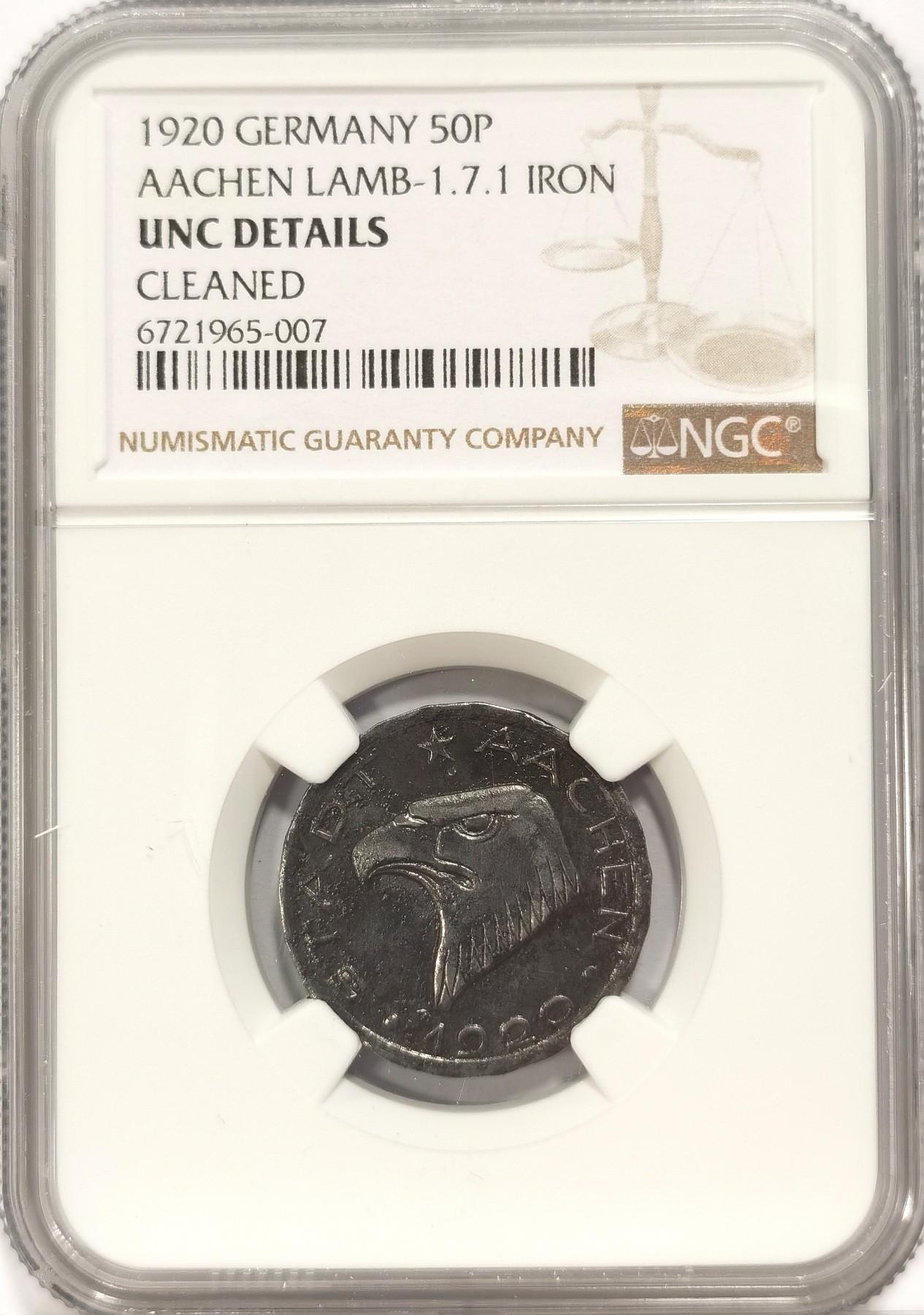 博洋堂世界钱币拍卖第036期（全场包邮） NGC UNC 德紧亚琛鹰头50芬尼铁币，严评，传世铁黑包浆，鹰头经典设计威风凛凛，无明显清洗痕迹