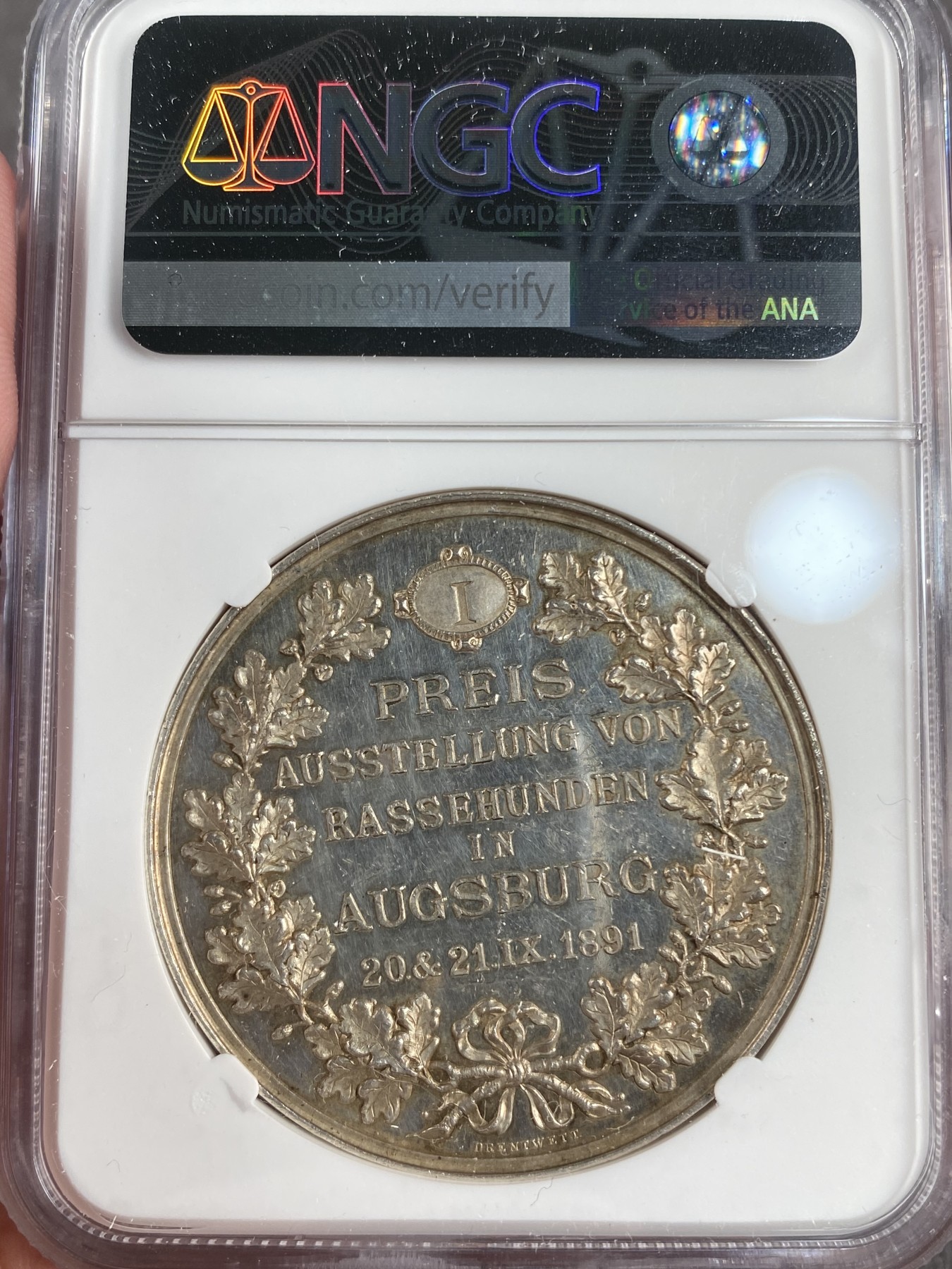 万国钱币拍卖第013期（视频直播专场） NGC MS61 1891年德国奥格斯堡优质犬类博览会纪念大银章 41MM 25G