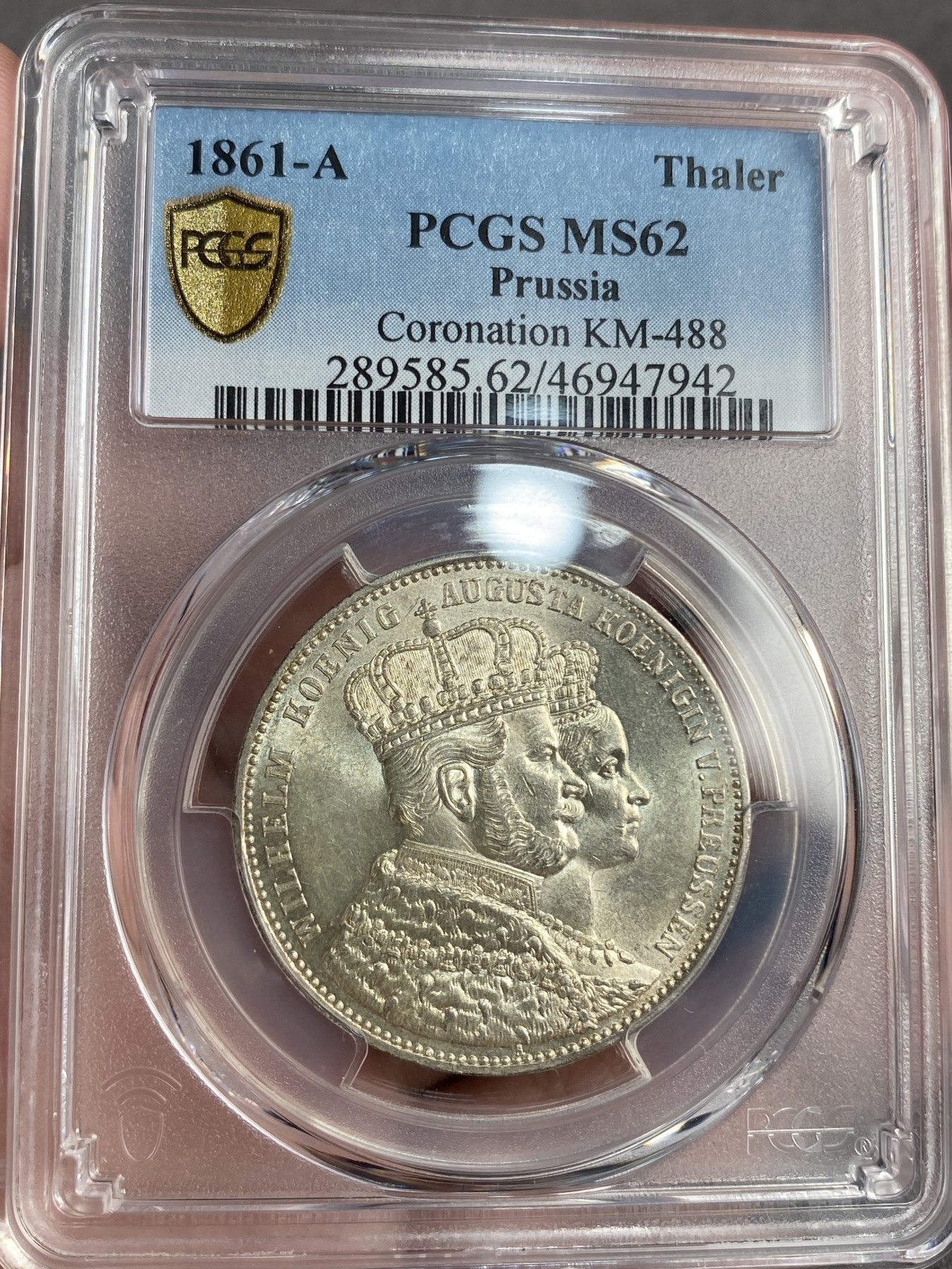 万国钱币拍卖第013期（视频直播专场） PCGS MS62 1861年德国普鲁士威廉一世经典加冕纪念毛衣1泰勒