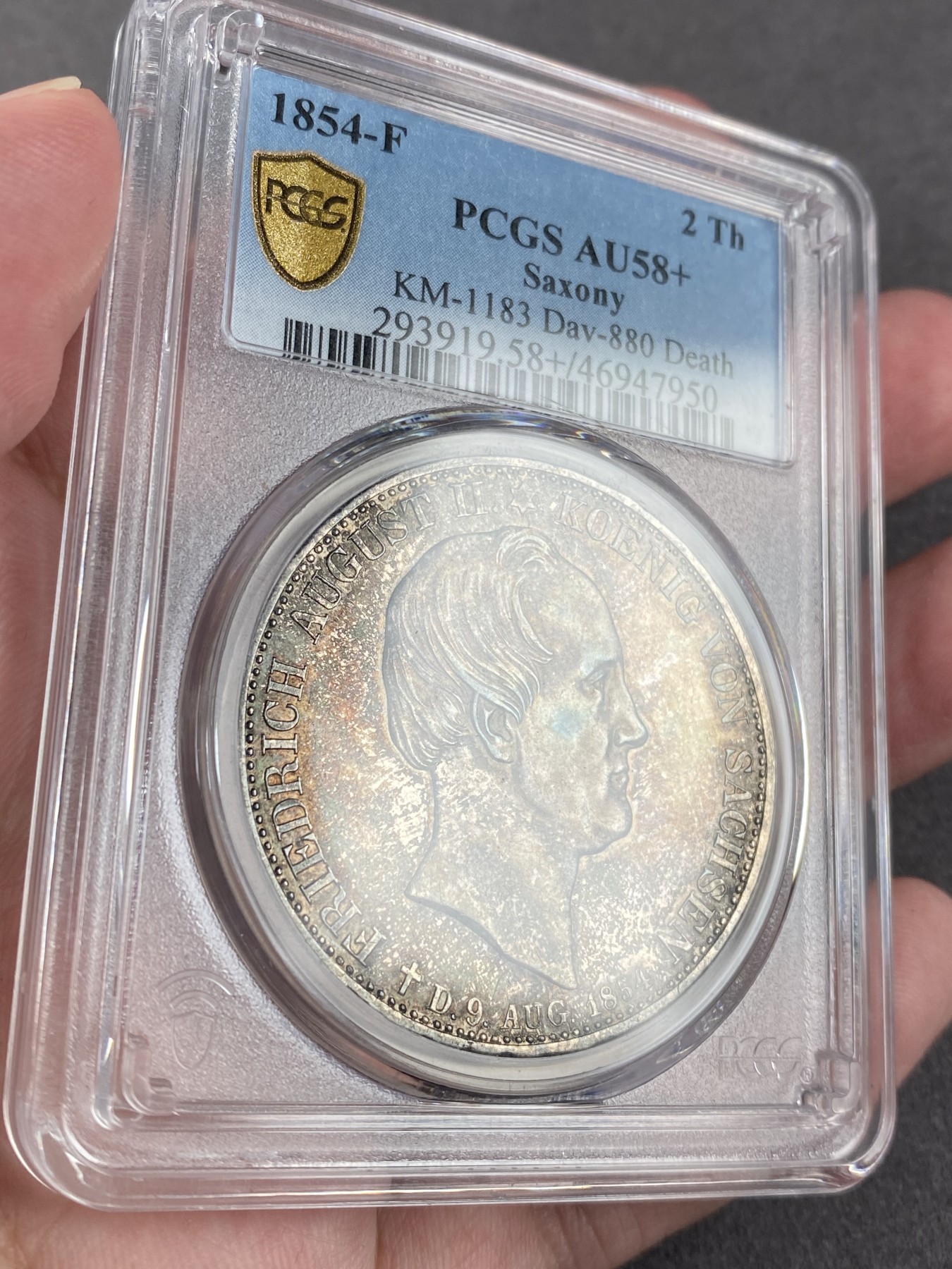 万国钱币拍卖第013期（视频直播专场） PCGS AU58+ 1854年德国萨克森经典双神2泰勒 少见品种，欧洲五彩