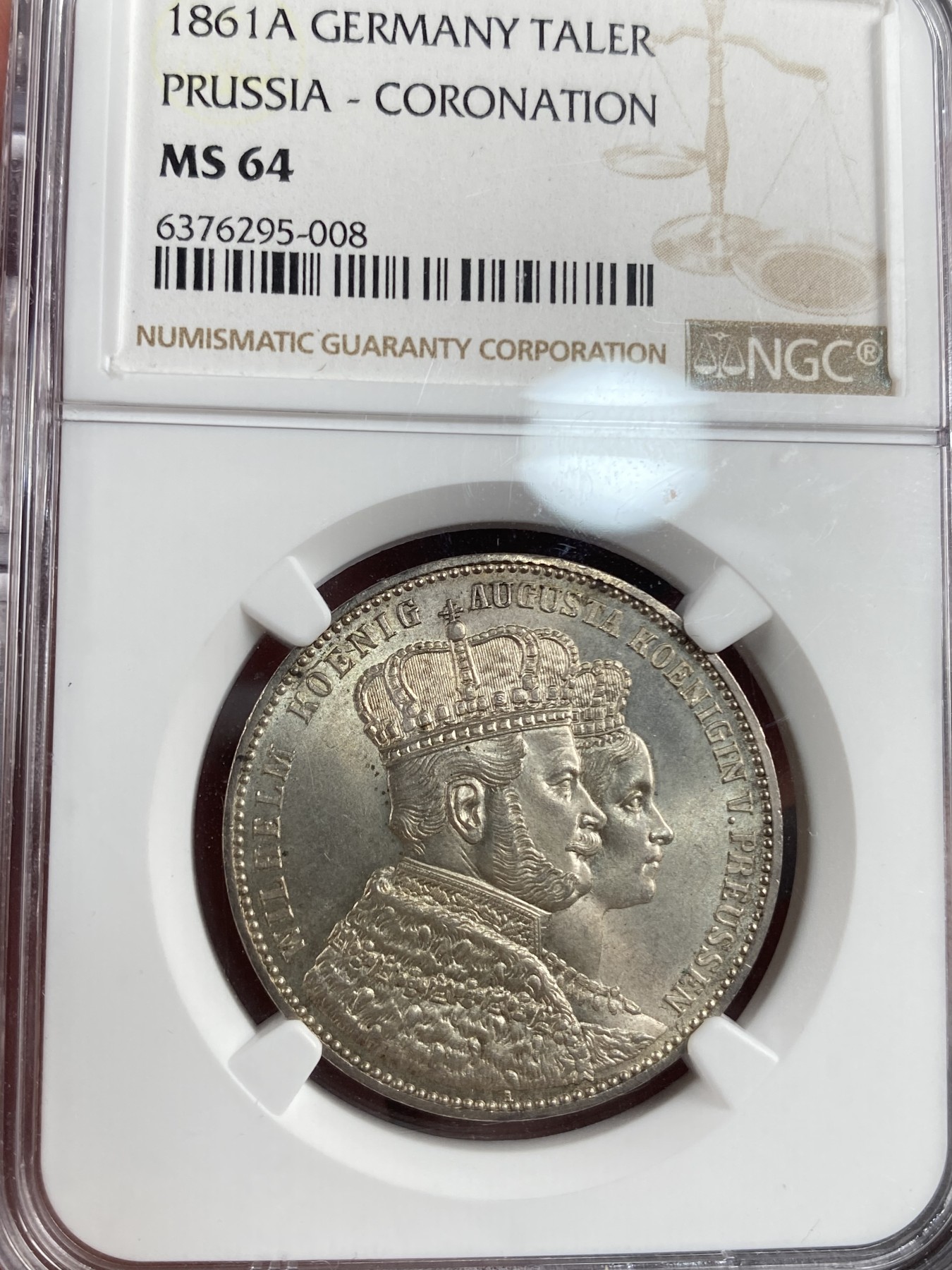 万国钱币拍卖第013期（视频直播专场） NGC MS64 1861年德国普鲁士威廉一加冕毛衣泰勒 转光