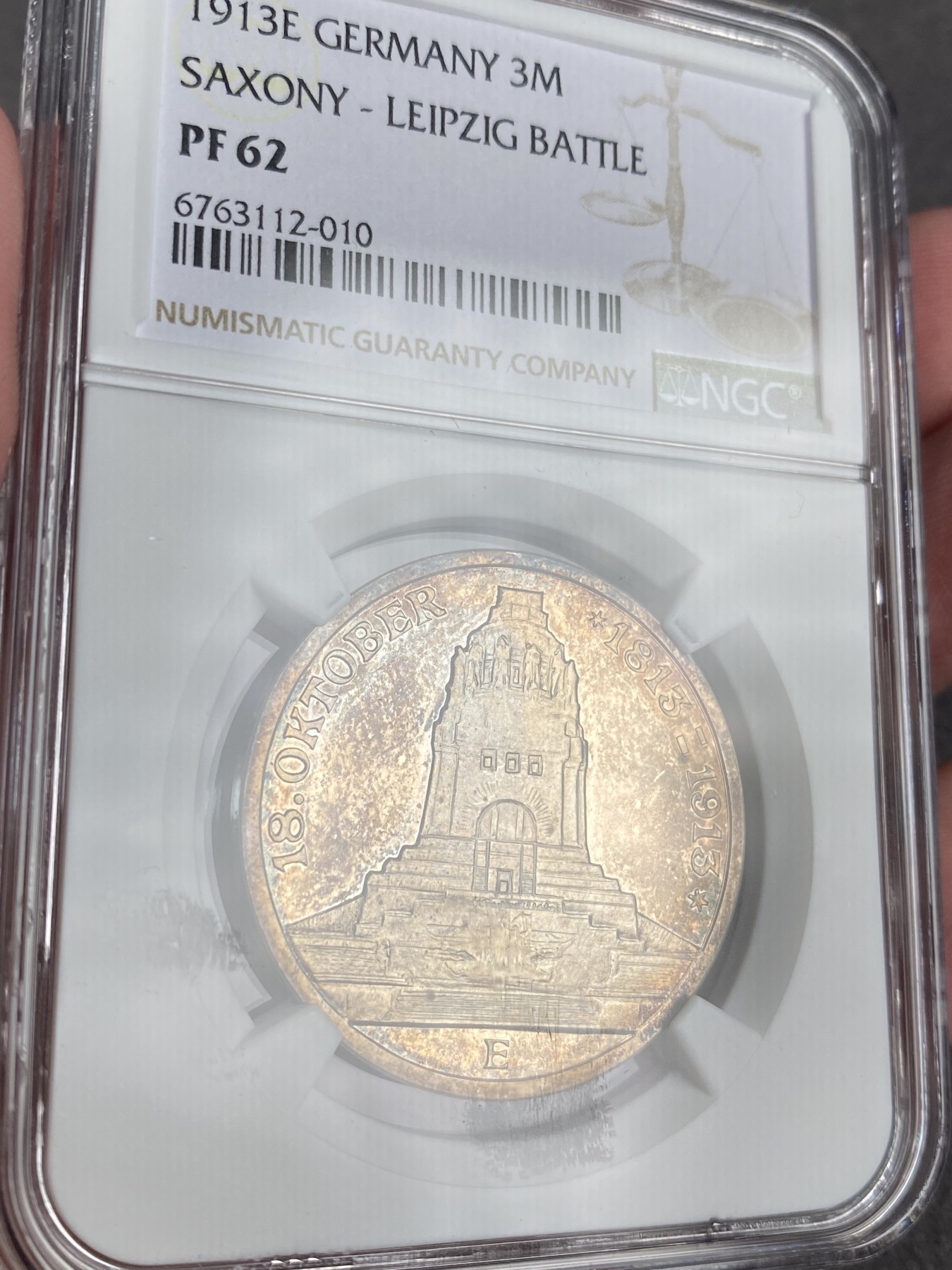 万国钱币拍卖第013期（视频直播专场） NGC PF62 1913年德国莱比锡战胜拿破仑100周年纪念3马克 精致欧洲金彩