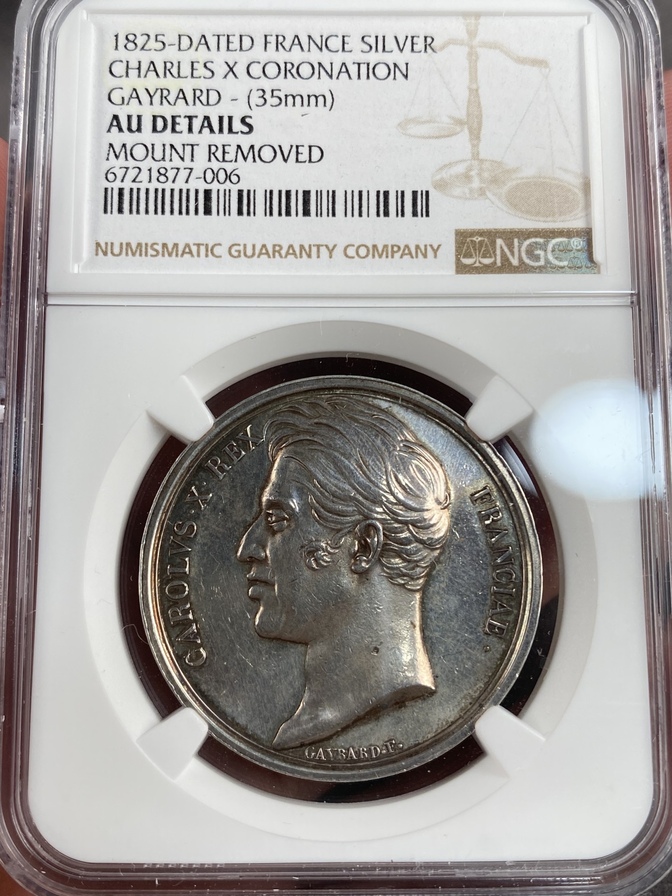 万国钱币拍卖第013期（视频直播专场） NGC AUD 1825年法国查理十世登基纪念银章 高浮雕 顶部有取环处理