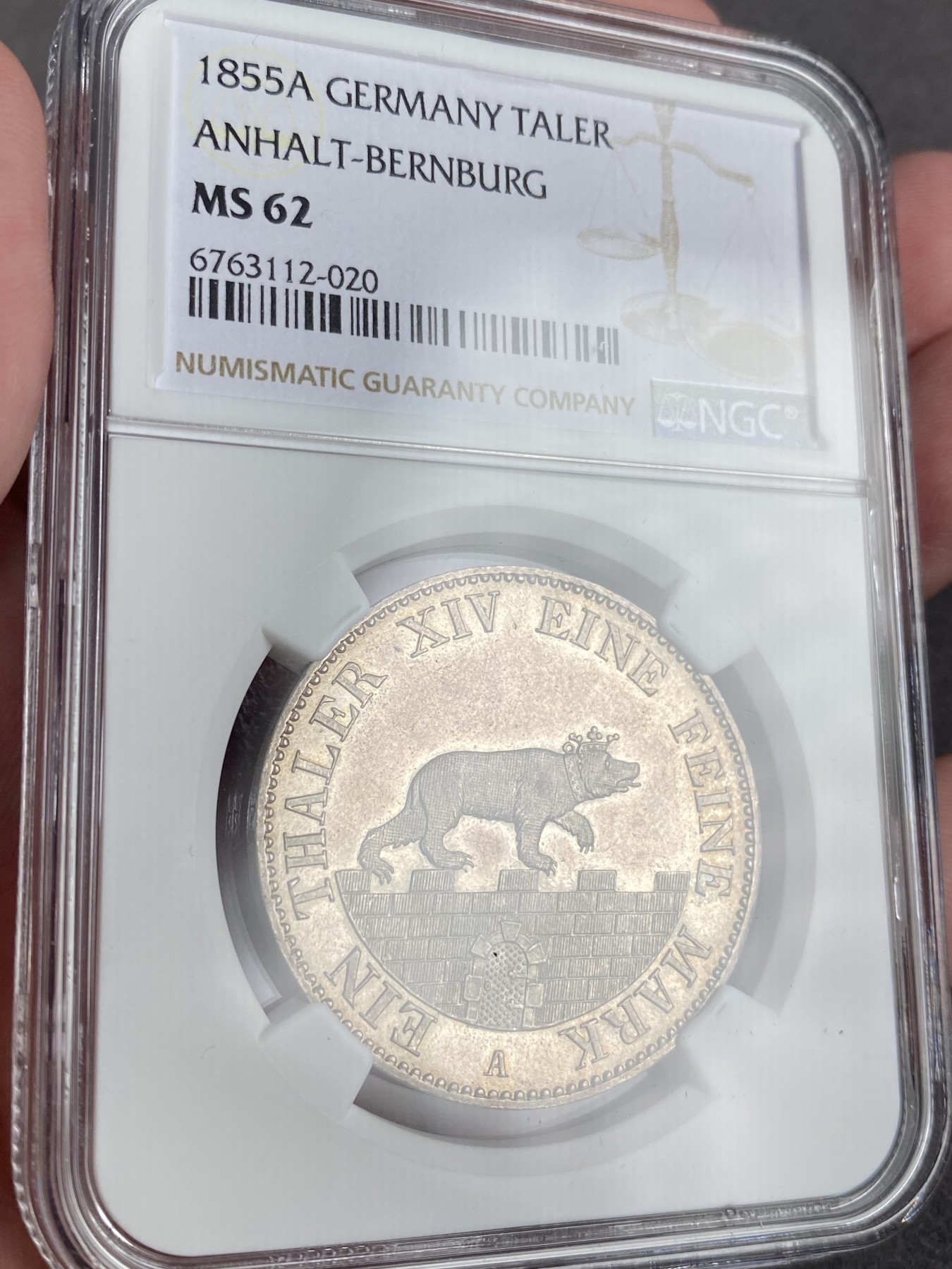 万国钱币拍卖第013期（视频直播专场） NGC MS62 1855年德国安哈尔特小熊协议1泰勒 大型版比1861大一圈 22.37克