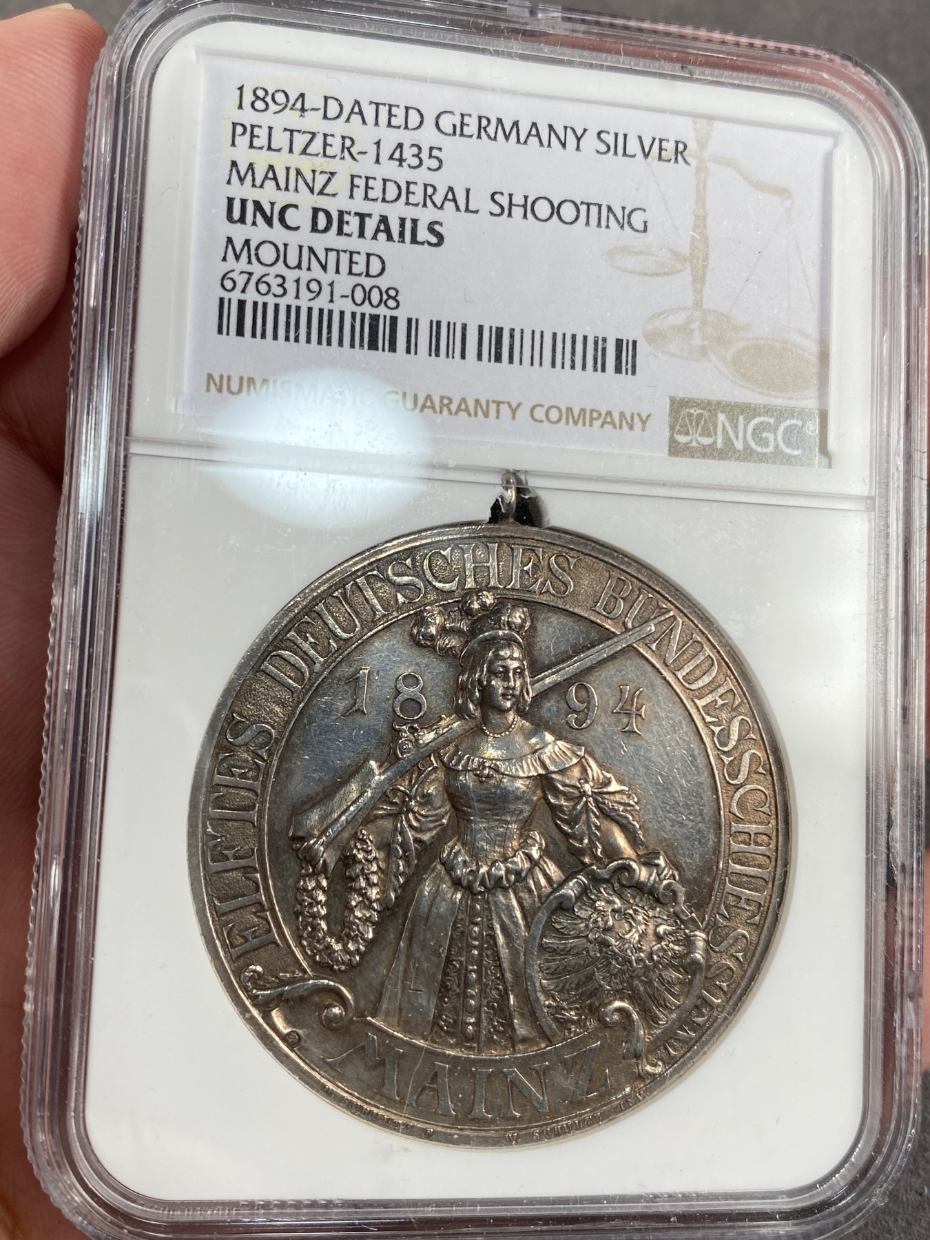 万国钱币拍卖第013期（视频直播专场） NGC UNCD 1894年德国美因茨经典射击节大银章 原吊环没给分有点冤