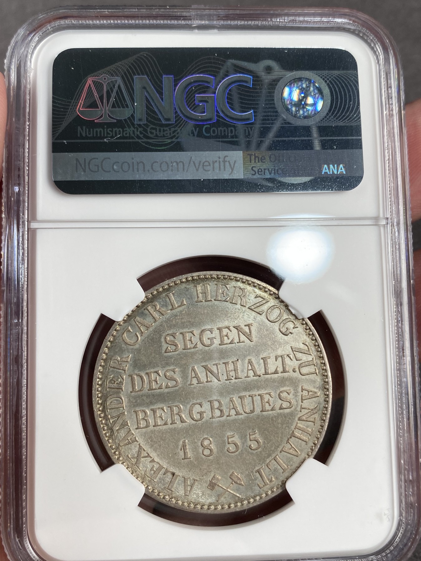 万国钱币拍卖第013期（视频直播专场） NGC MS62 1855年德国安哈尔特小熊协议1泰勒 大型版比1861大一圈 22.37克