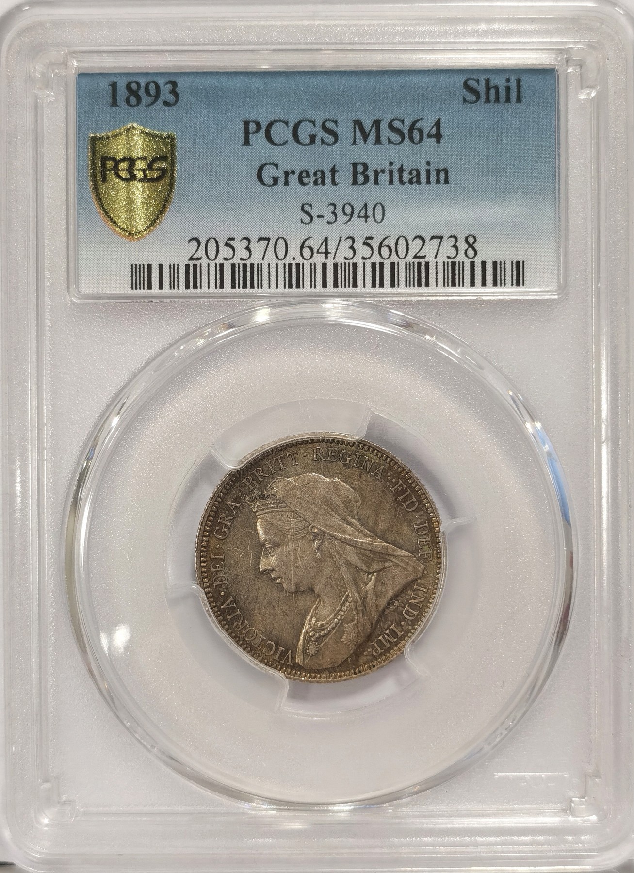 博洋堂世界钱币拍卖第036期（全场包邮） PCGS MS64 英国1893年维多利亚披纱一先令银币，双面五彩，美不胜收的一颗，值得收藏