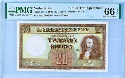 【Blue Auction】✨世界纸币精拍第350期——周日畅拍场【精】 -  【唯一冠军分珍罕】荷兰 1945年20盾  伟大国王威廉三世 背面Moerdijk大桥 凤凰水印精美 PMG66EPQ 未打孔无红字CTS样钞 画面完整不影响欣赏 罕见纸币收藏级 