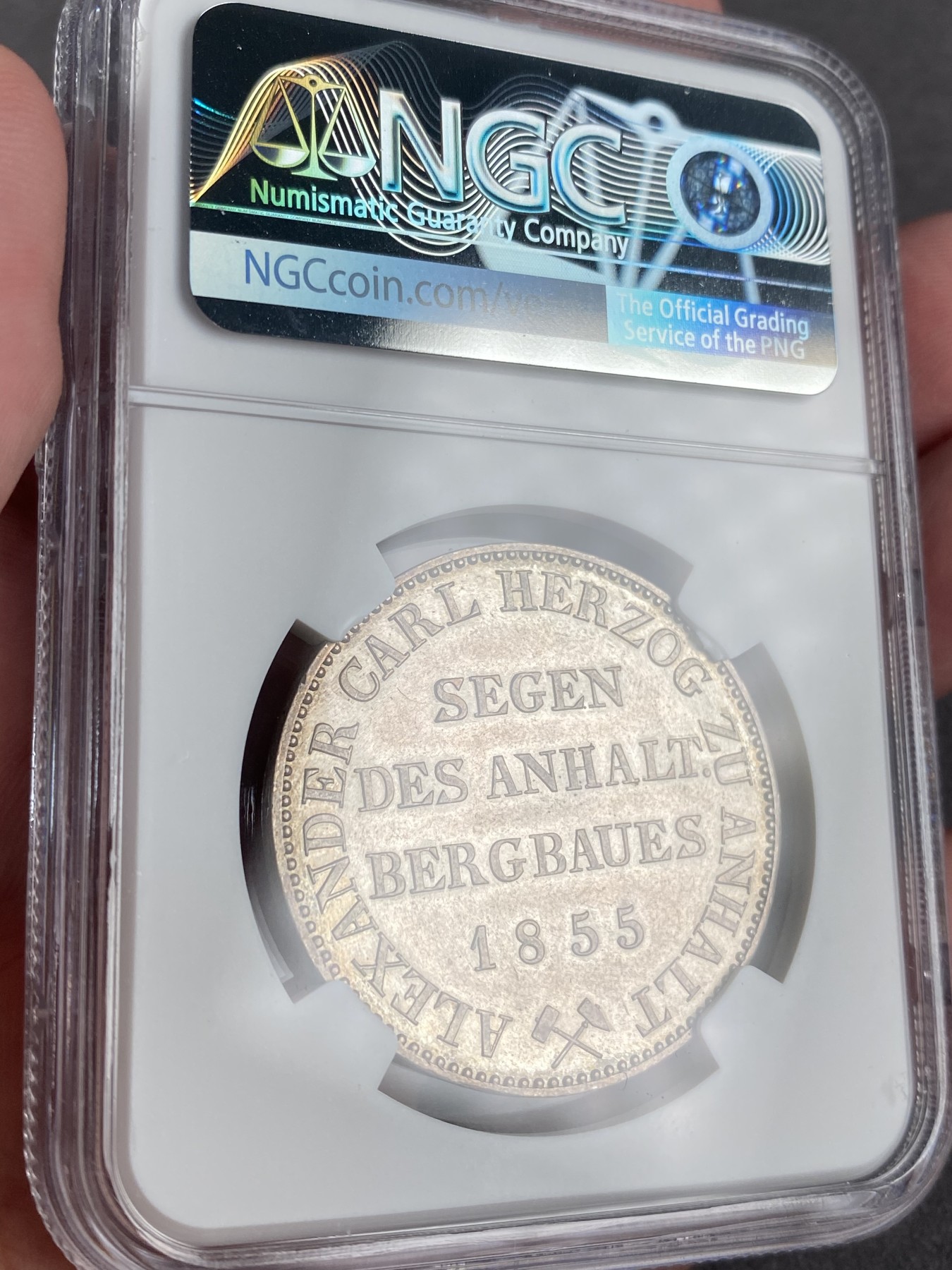 万国钱币拍卖第013期（视频直播专场） NGC MS62 1855年德国安哈尔特小熊协议1泰勒 大型版比1861大一圈 22.37克